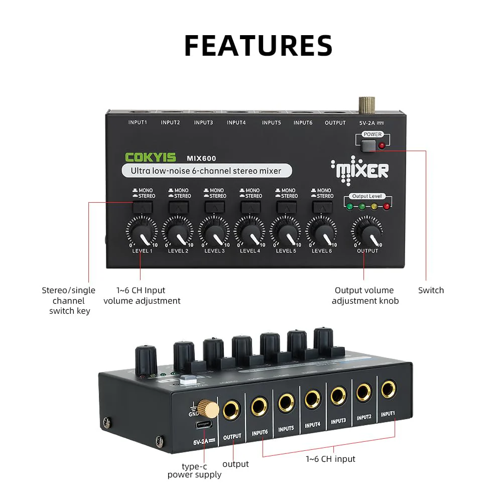 Mini Audio Mixer, 6-Channel Stereo Line Mixer for Precision Sub-Mixing, with Ultra Low-Noise Operation, Independent Microphone Control, 1/4" TRS Input/Output-for Guitars, Bass, Stage Mixer - Image 7