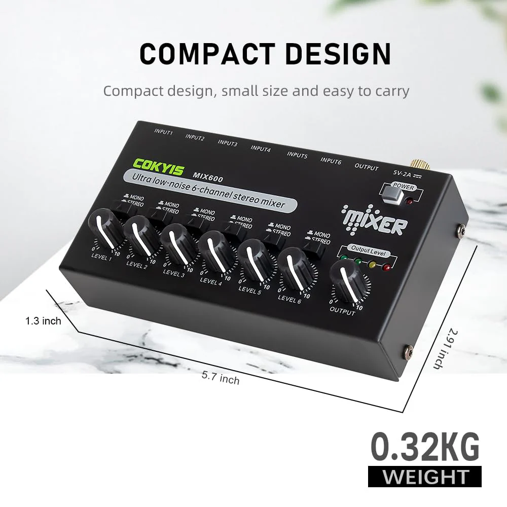 Mini Audio Mixer, 6-Channel Stereo Line Mixer for Precision Sub-Mixing, with Ultra Low-Noise Operation, Independent Microphone Control, 1/4" TRS Input/Output-for Guitars, Bass, Stage Mixer - Image 8