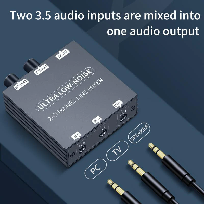 Mini Audio Mixer Line Mixer, 2 Way Audio mixer 3.5mm mixer，DC 5V, Stereo Ultra, Low-Noise 2-Channel for Sub-Mixing, for music creation, live broadcast, As Guitars, Bass, Keyboards Mixer - Image 2