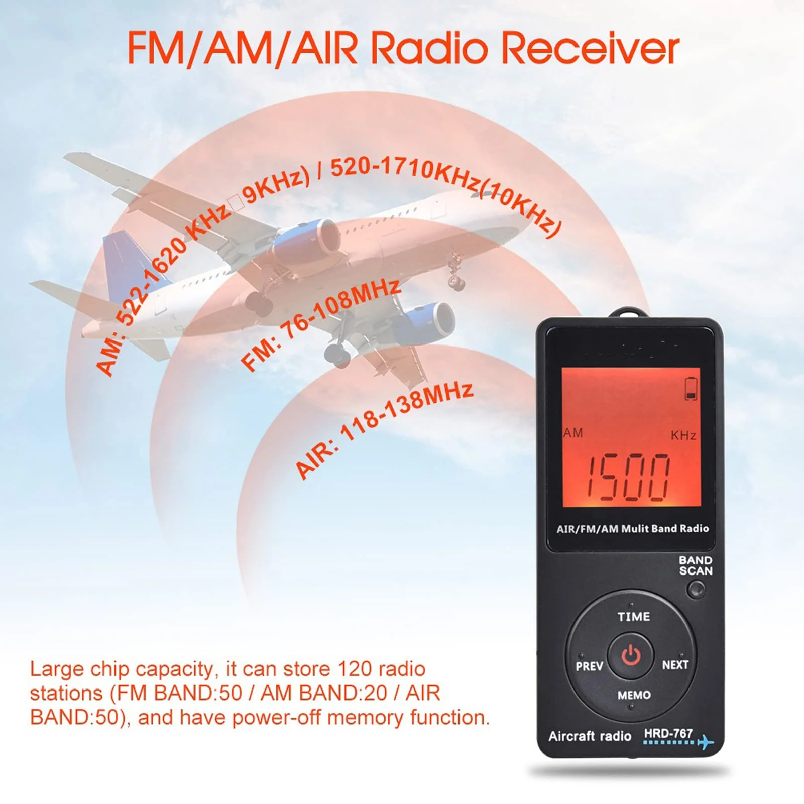Mini Aviation Band Radio Built in 400MAH Lithium Battery, FM AM AIR Radio with Earphone, Orange Backlight LCD Dispaly, Support Automatic Storage and Search - Image 2
