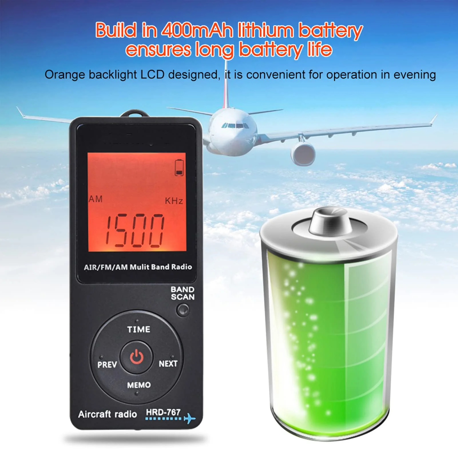 Mini Aviation Band Radio Built in 400MAH Lithium Battery, FM AM AIR Radio with Earphone, Orange Backlight LCD Dispaly, Support Automatic Storage and Search - Image 4