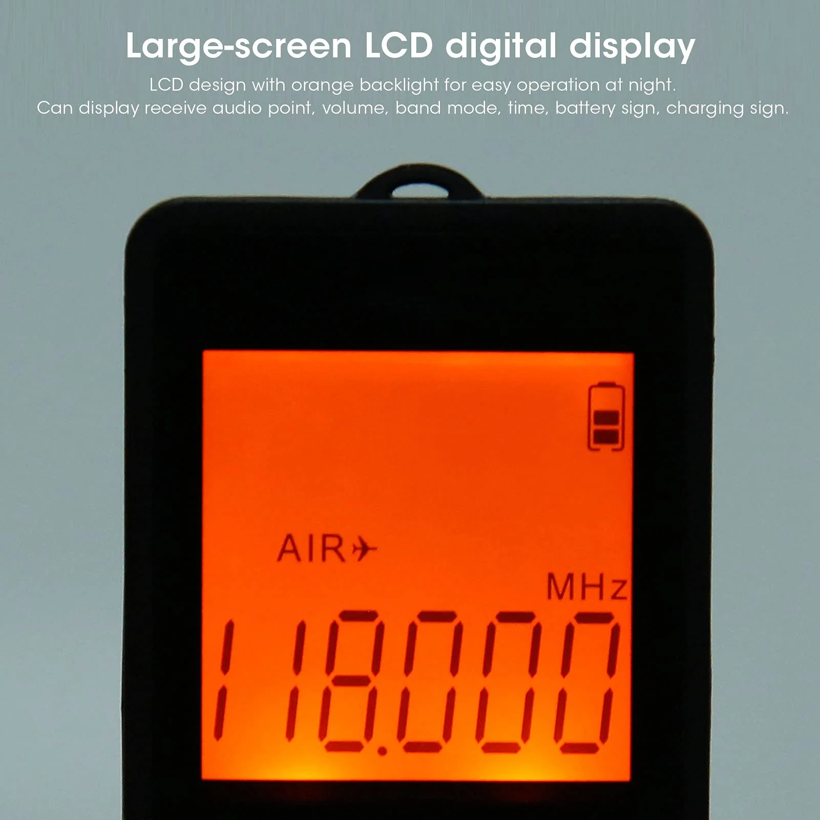 Mini Aviation Band Radio Built in 400MAH Lithium Battery, FM AM AIR Radio with Earphone, Orange Backlight LCD Dispaly, Support Automatic Storage and Search - Image 9