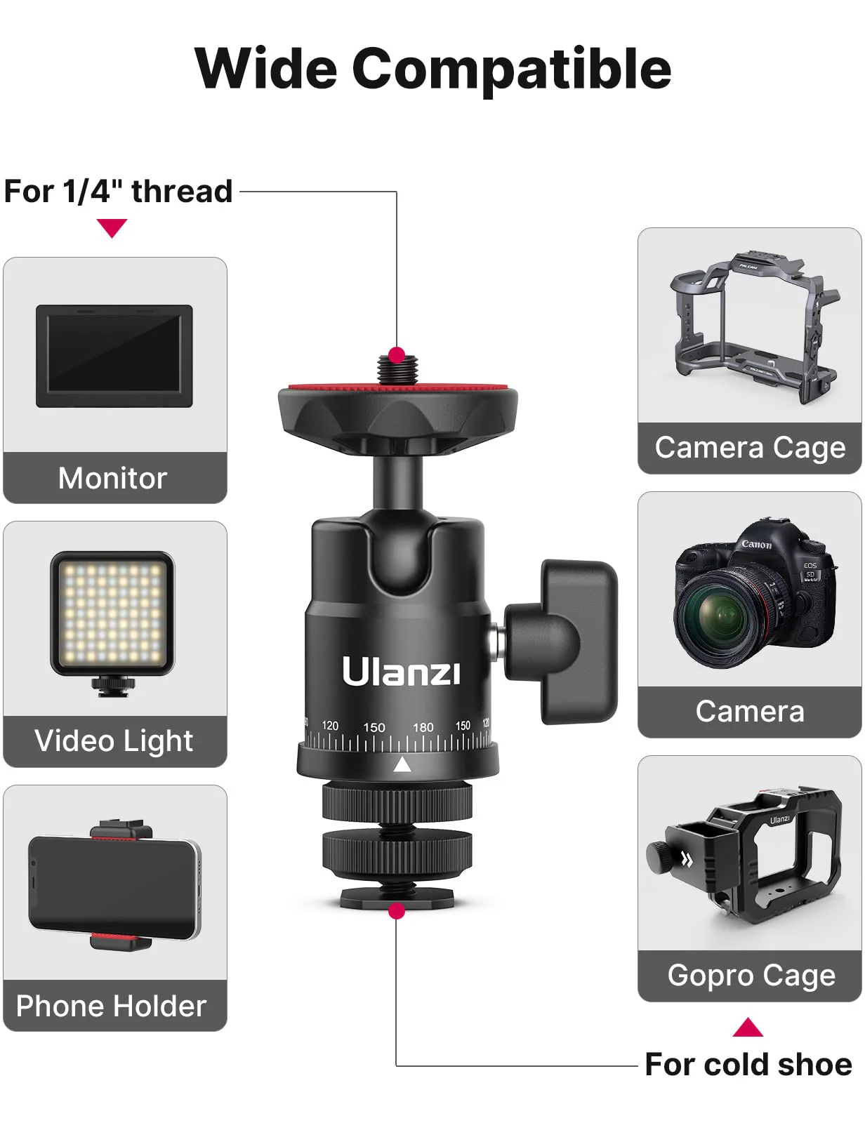 Mini Ball Head, ULANZI H28 Panoramic Tripod Head + Dual Hot Shoe Mount DSLR Camera Mount Adapter Photograph Attachment Accessories for Action Cameras Cam Smartphone Light Microphone Loading 5.5lb - Image 5
