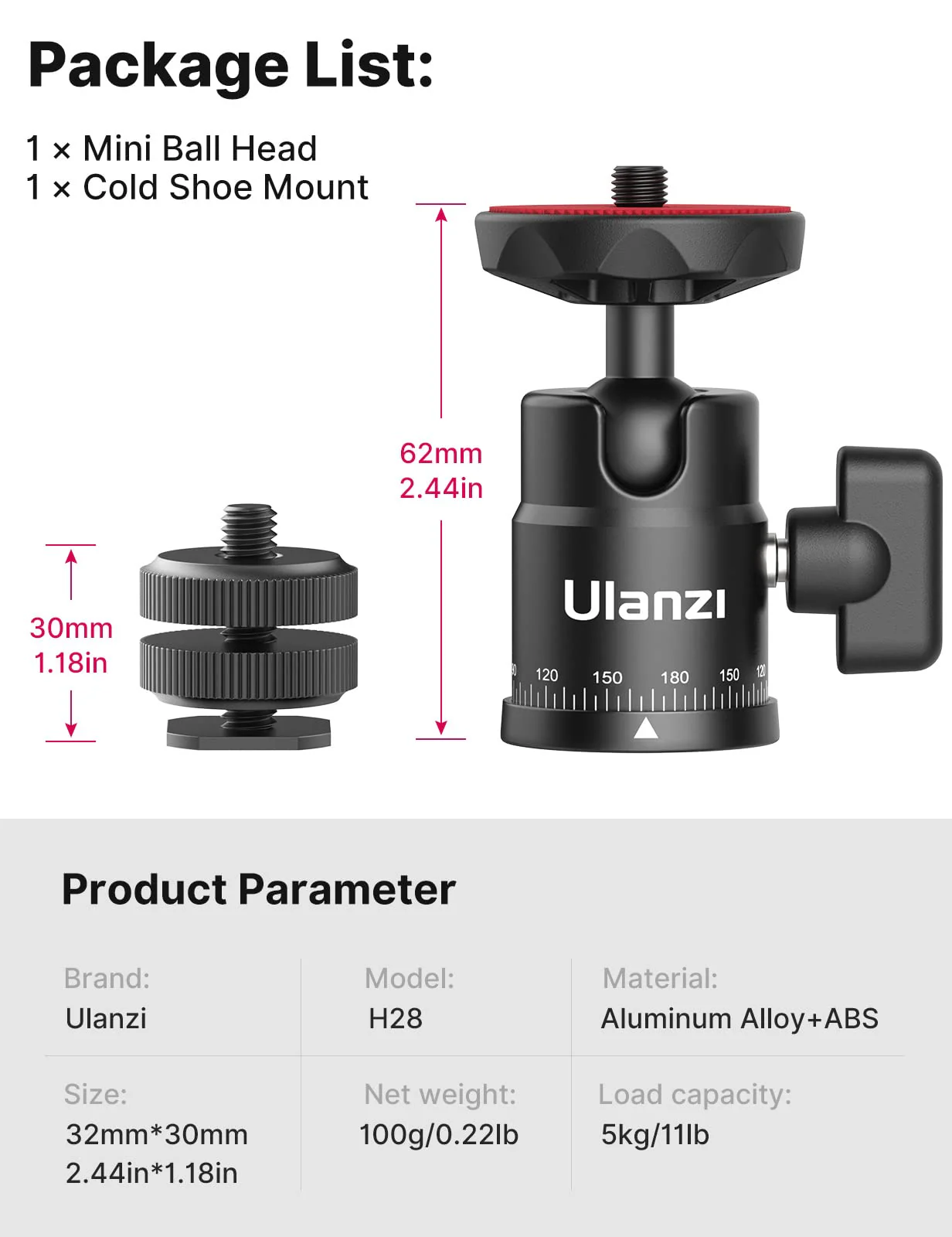 Mini Ball Head, ULANZI H28 Panoramic Tripod Head + Dual Hot Shoe Mount DSLR Camera Mount Adapter Photograph Attachment Accessories for Action Cameras Cam Smartphone Light Microphone Loading 5.5lb - Image 6