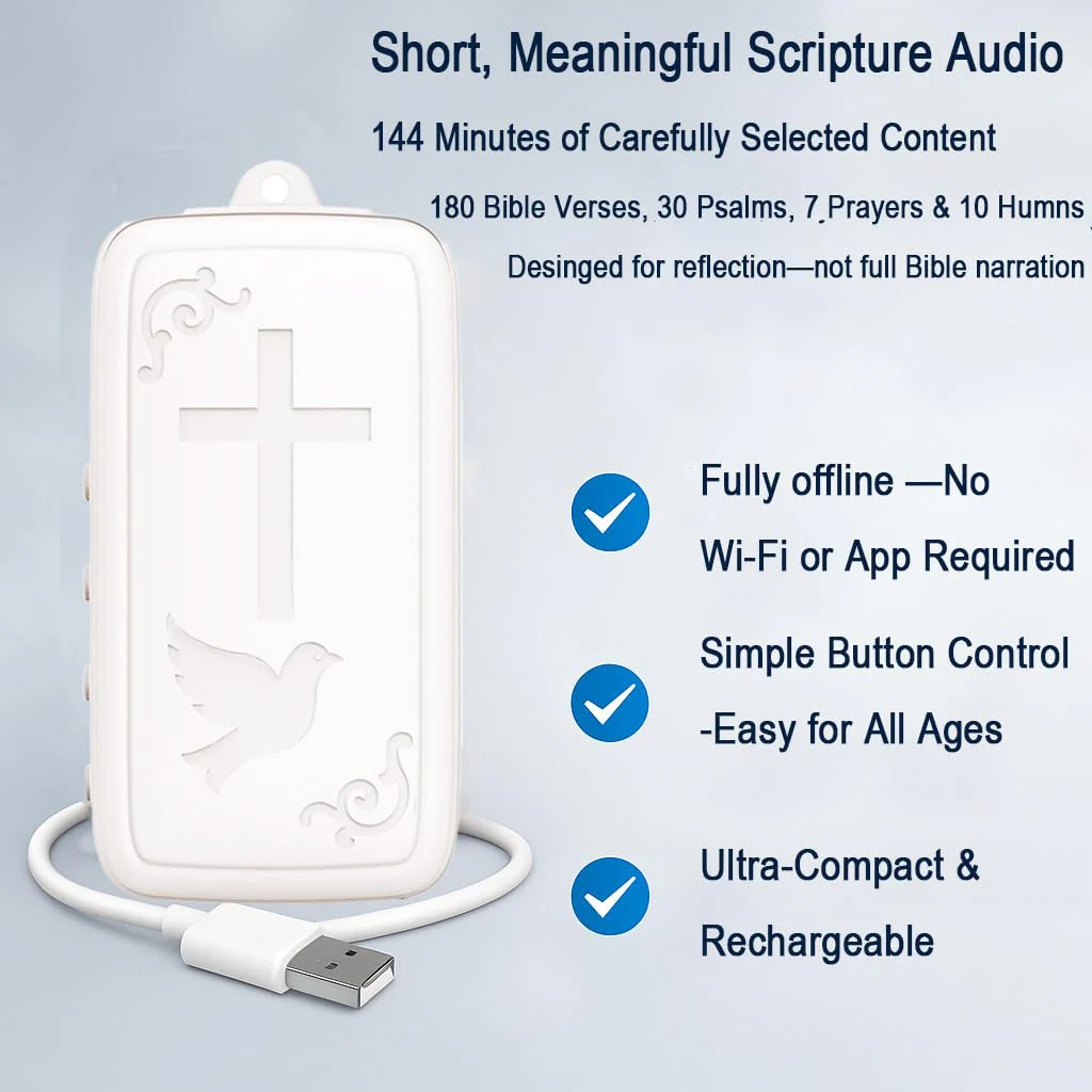 Mini Bible Player with Selected KJV Scriptures, Psalms, Prayers & Hymns, Key-Sized Rechargeable Christian Gift, Ivory White, Not a Full Bible - Image 2