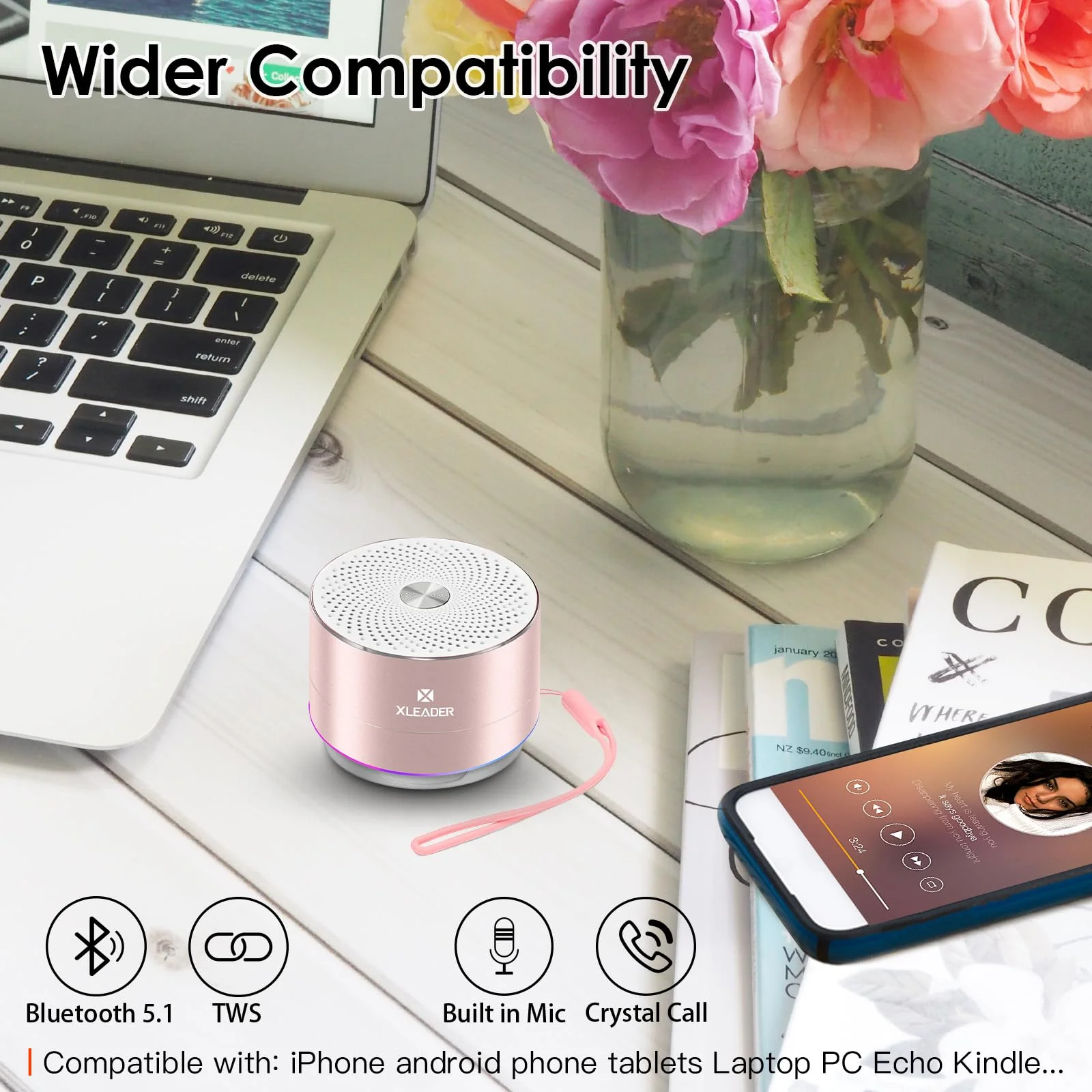 Mini Bluetooth Shower Speaker, IPX6 Waterproof Speaker, with RGB Lights, Mic, Portable Silicone Lanyard, Suction Cup, Clear Sound&Rich Bass, 12h Playtime, Small Pink Gifts for Girls Women Pink Rose Gold - Image 3