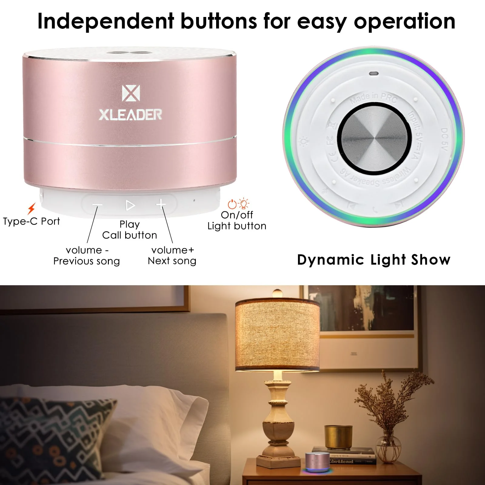 Mini Bluetooth Shower Speaker, IPX6 Waterproof Speaker, with RGB Lights, Mic, Portable Silicone Lanyard, Suction Cup, Clear Sound&Rich Bass, 12h Playtime, Small Pink Gifts for Girls Women Pink Rose Gold - Image 4