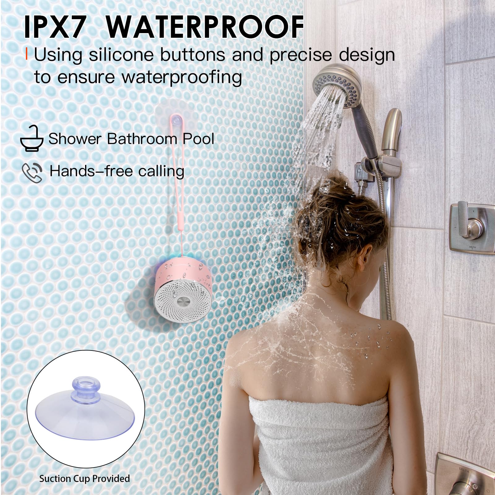 Mini Bluetooth Shower Speaker, IPX6 Waterproof Speaker, with RGB Lights, Mic, Portable Silicone Lanyard, Suction Cup, Clear Sound&Rich Bass, 12h Playtime, Small Pink Gifts for Girls Women Pink Rose Gold - Image 5
