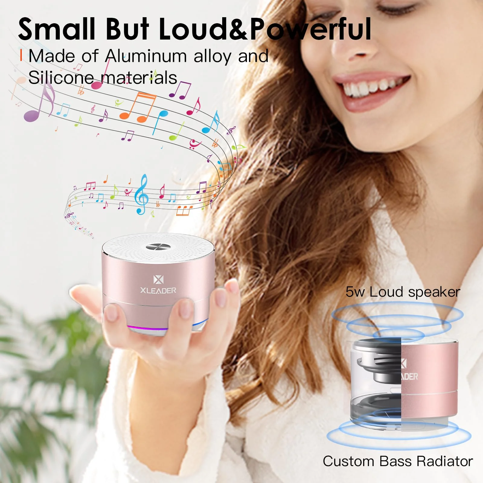 Mini Bluetooth Shower Speaker, IPX6 Waterproof Speaker, with RGB Lights, Mic, Portable Silicone Lanyard, Suction Cup, Clear Sound&Rich Bass, 12h Playtime, Small Pink Gifts for Girls Women Pink Rose Gold - Image 6