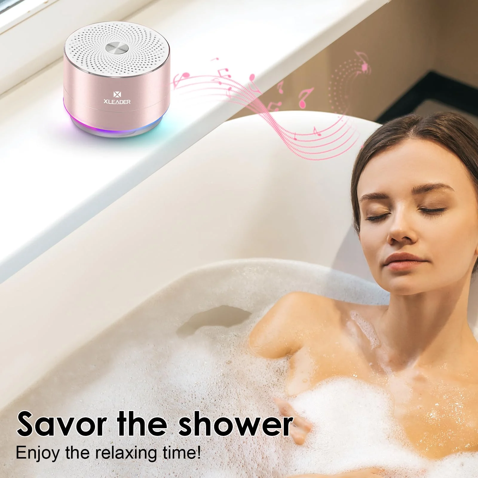Mini Bluetooth Shower Speaker, IPX6 Waterproof Speaker, with RGB Lights, Mic, Portable Silicone Lanyard, Suction Cup, Clear Sound&Rich Bass, 12h Playtime, Small Pink Gifts for Girls Women Pink Rose Gold - Image 8