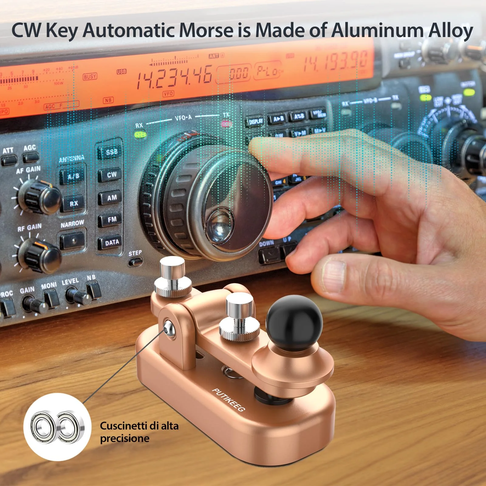 Mini CW Key Automatic Morse, Radio HAM Send Telegram Double Paddle Morse Code Key with Aluminum Alloy Body Base Gold(S) - Image 2