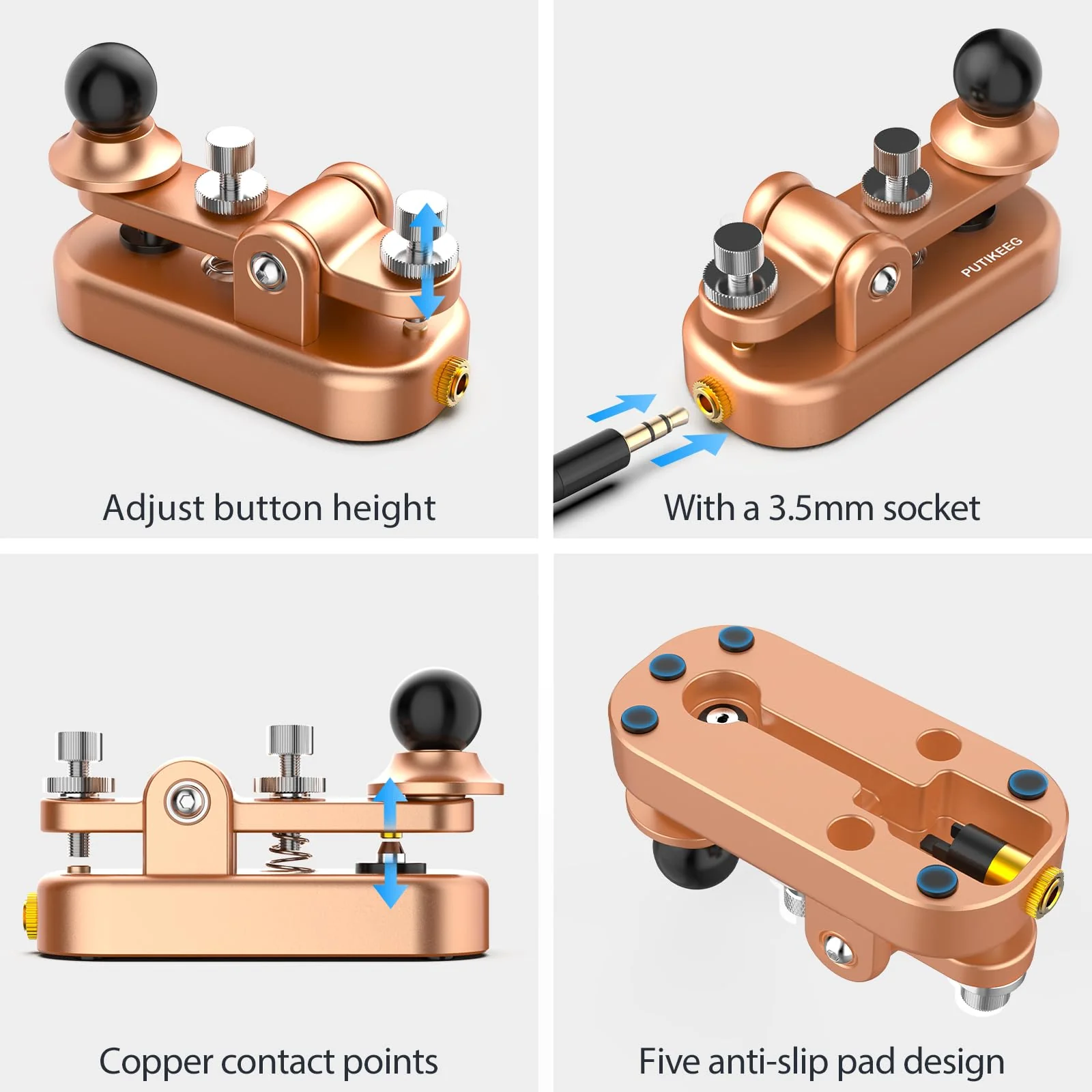 Mini CW Key Automatic Morse, Radio HAM Send Telegram Double Paddle Morse Code Key with Aluminum Alloy Body Base Gold(S) - Image 3