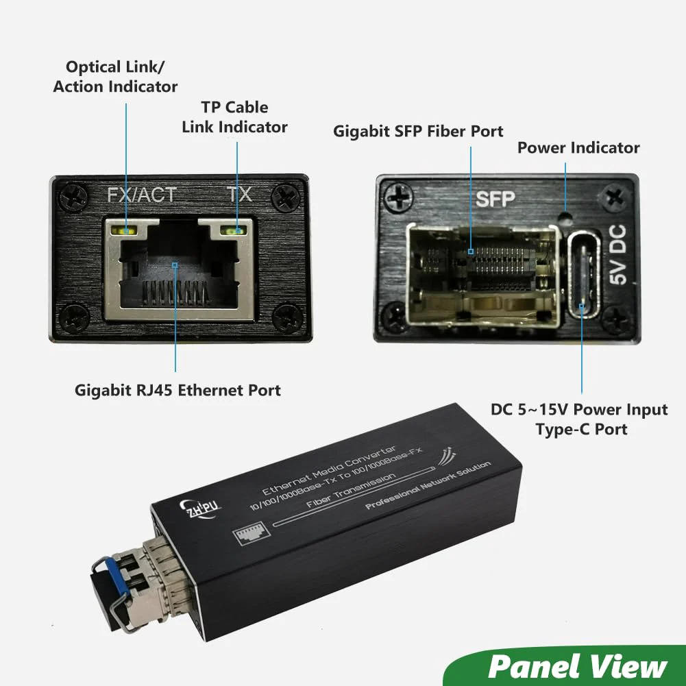Mini Gigabit Fiber Media Converter with 1310nm SM Dual Fiber 20km SFP Module, 10/100/1000Mbps Ethernet to SFP Transceiver, USB C 5V Powered - Image 2