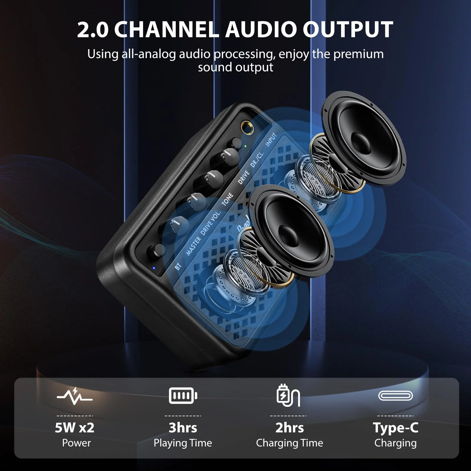 Mini Guitar Amp, 5W Small Portable Electric Guitar Amplifier, Clean & Drive Effects 2 Channels, Rechargeable Bluetooth Speaker with Headphone Jack, for Daily Practice (Black) Black - Image 4
