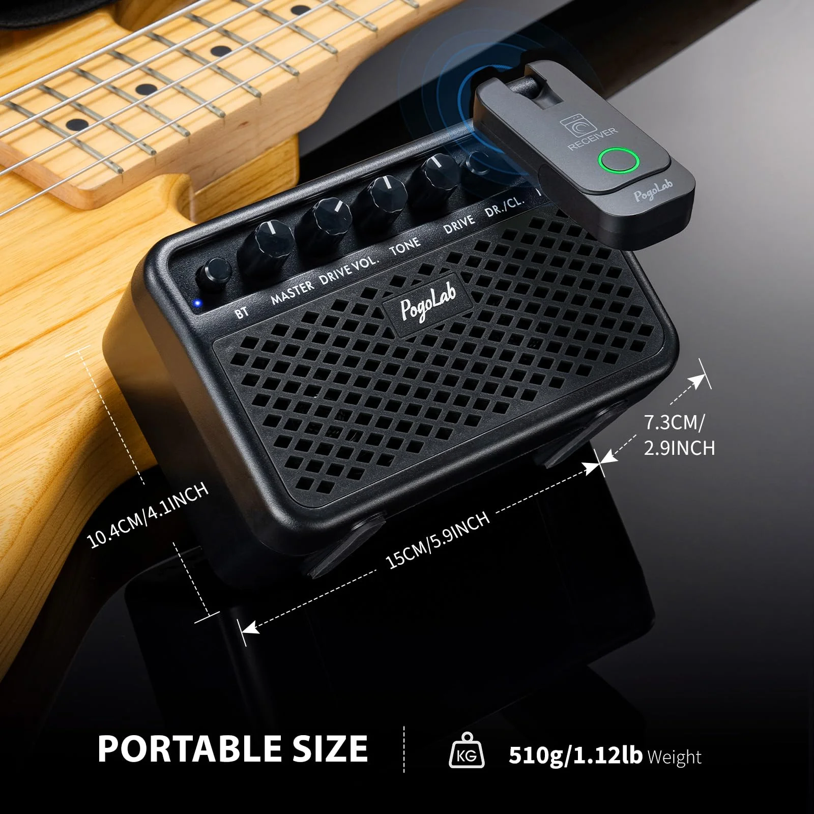 Mini Guitar Amp, 5W Small Portable Electric Guitar Amplifier, Clean & Drive Effects 2 Channels, Rechargeable Bluetooth Speaker with Headphone Jack, for Daily Practice (Black) Black - Image 5