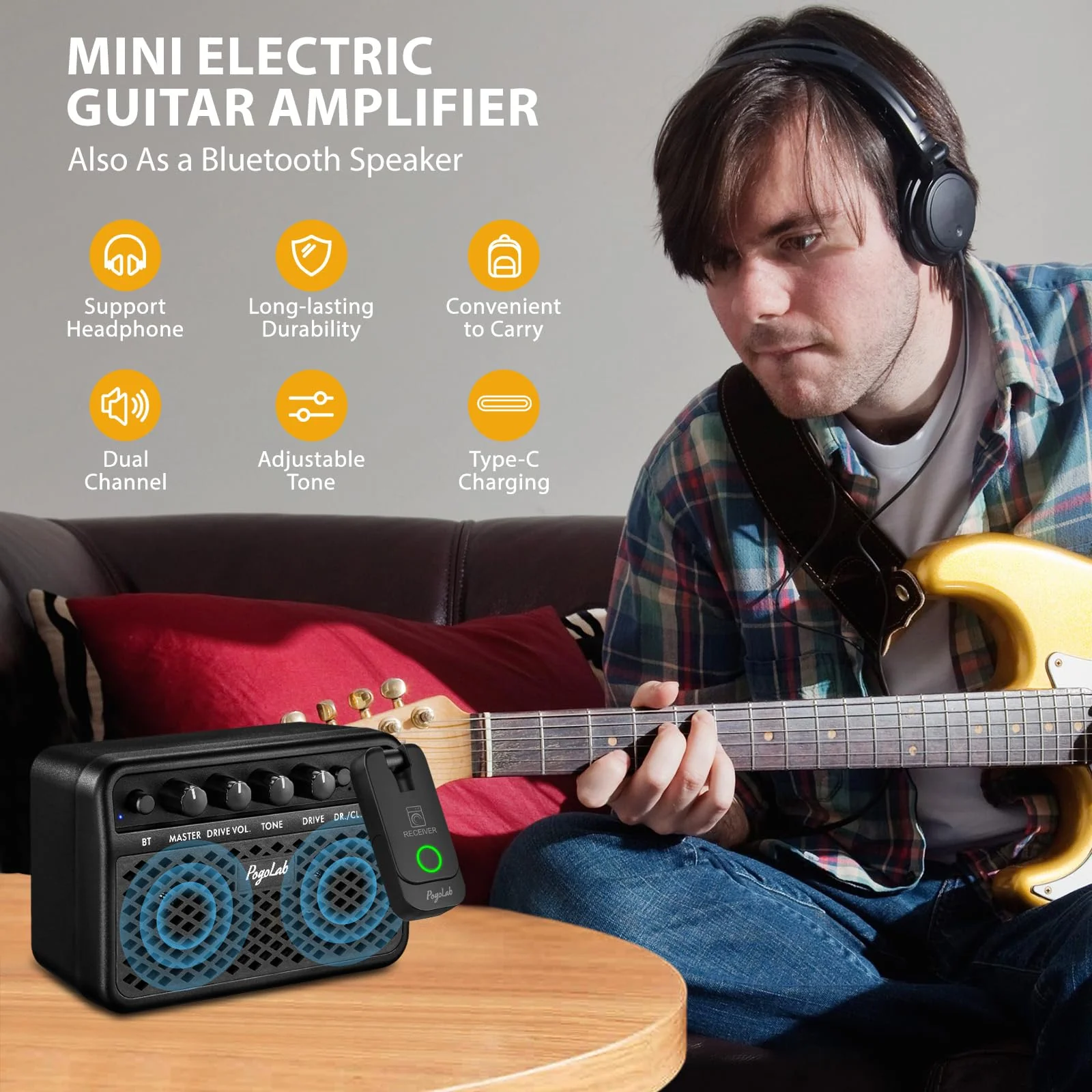 Mini Guitar Amp, 5W Small Portable Electric Guitar Amplifier, Clean & Drive Effects 2 Channels, Rechargeable Bluetooth Speaker with Headphone Jack, for Daily Practice (Black) Black - Image 7