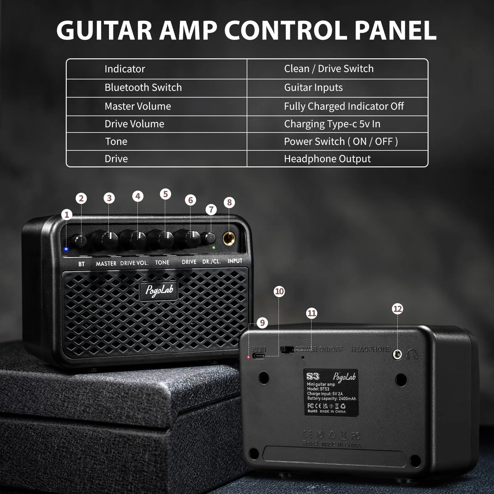 Mini Guitar Amp, 5W Small Portable Electric Guitar Amplifier, Clean & Drive Effects 2 Channels, Rechargeable Bluetooth Speaker with Headphone Jack, for Daily Practice (Black) Black - Image 8