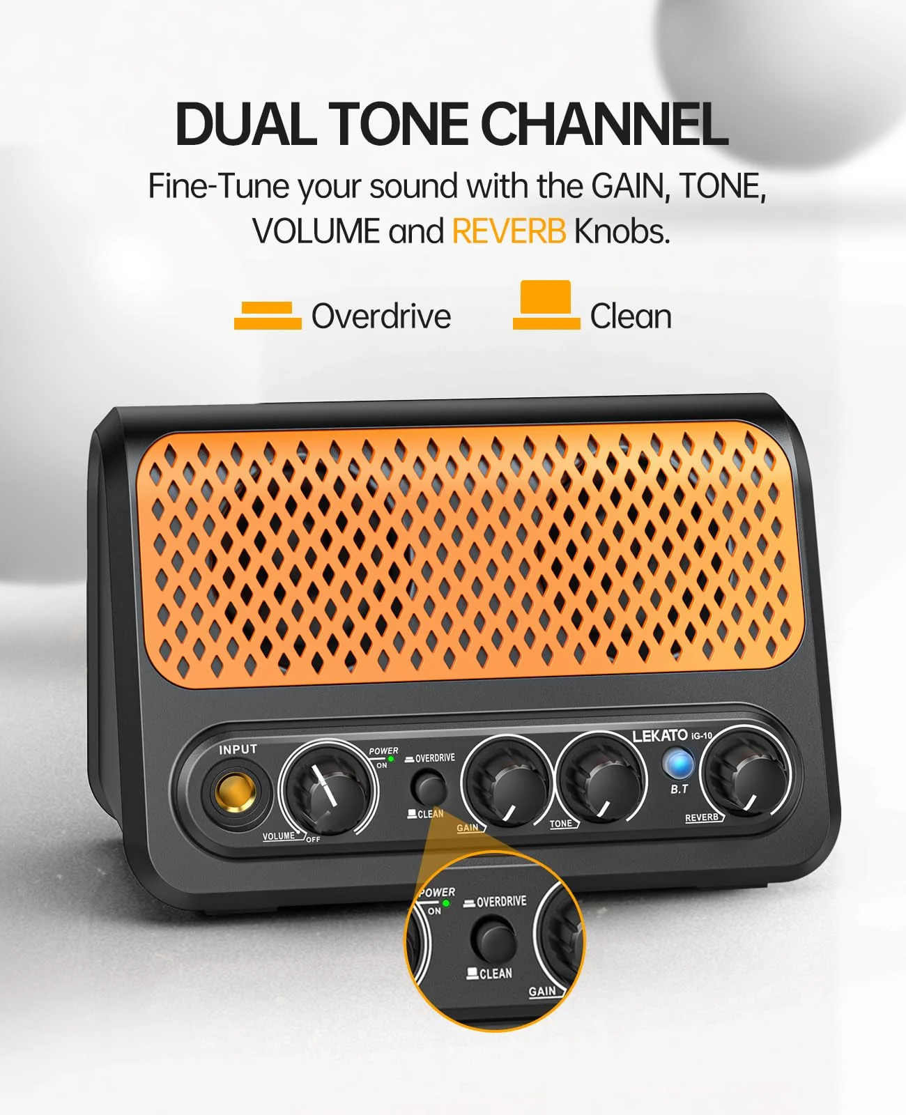 Mini Guitar Amp,LEKATO 10W Portable Electric Guitar Amplifier with Clean & Overdrive Channel,Reverb,Bluetooth Small Guitar Amp for Practice (Black-Orange) Black-Orange - Image 2