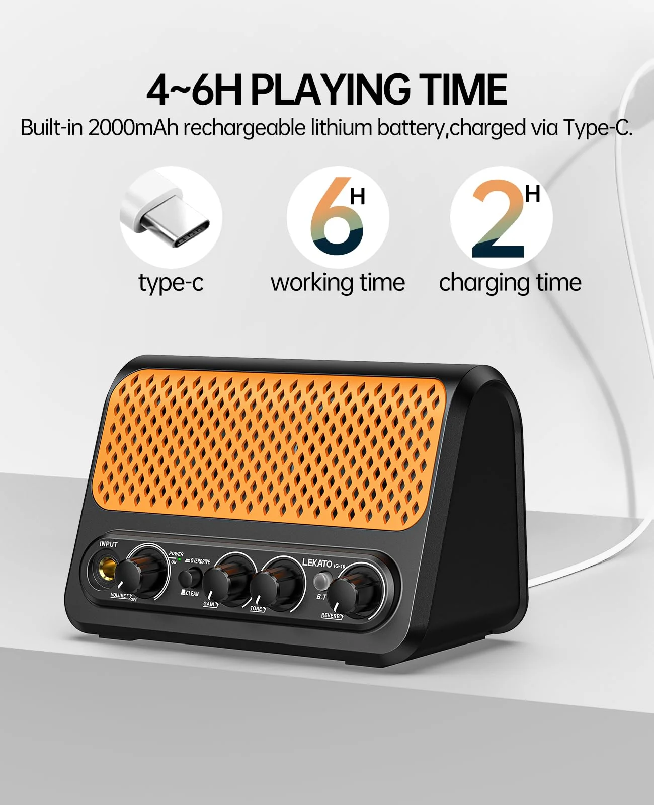 Mini Guitar Amp,LEKATO 10W Portable Electric Guitar Amplifier with Clean & Overdrive Channel,Reverb,Bluetooth Small Guitar Amp for Practice (Black-Orange) Black-Orange - Image 3