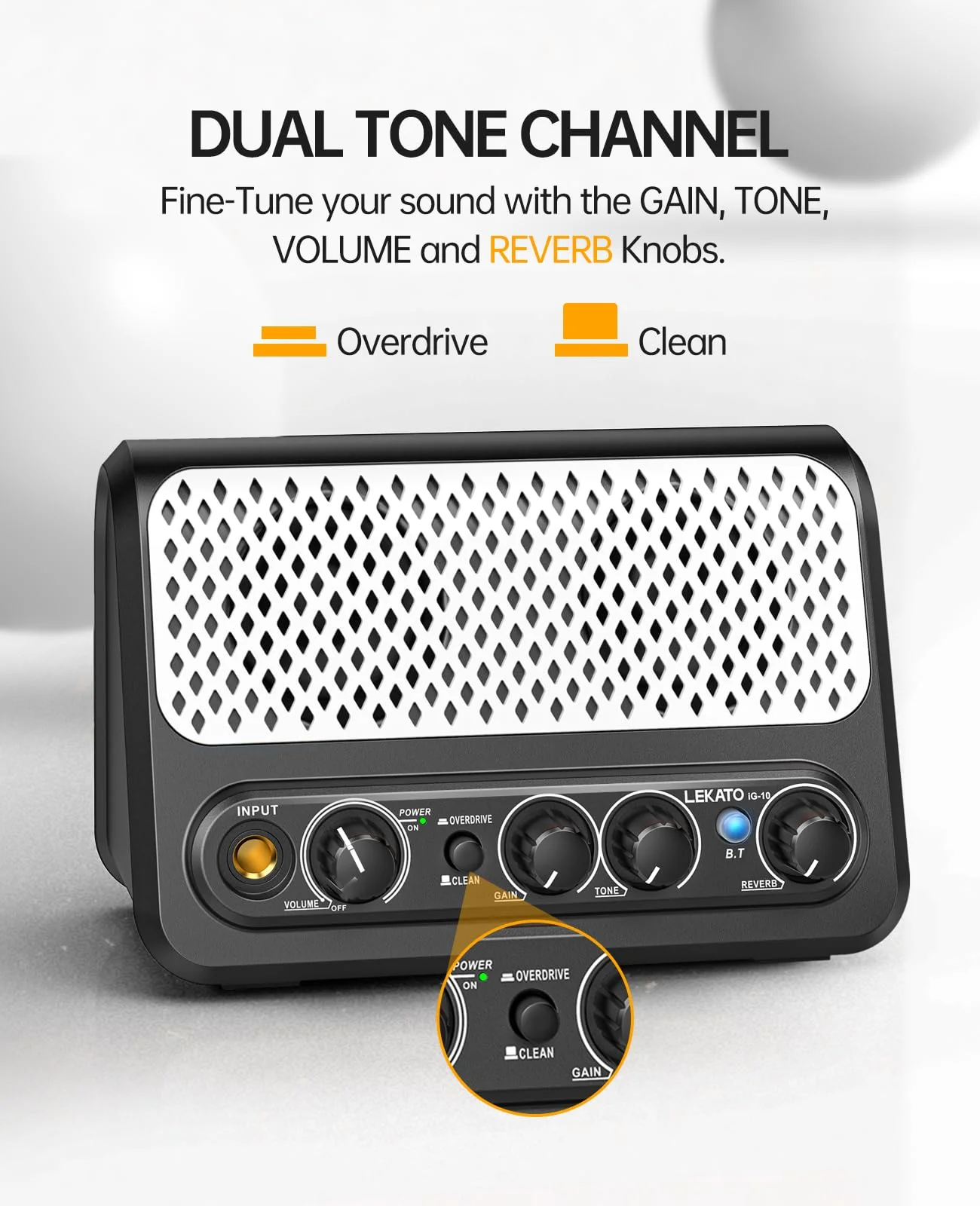 Mini Guitar Amp,LEKATO 10W Portable Electric Guitar Amplifier with Clean & Overdrive Channel,Reverb,Bluetooth Small Guitar Amp for Practice (Black-White) Black-White - Image 2