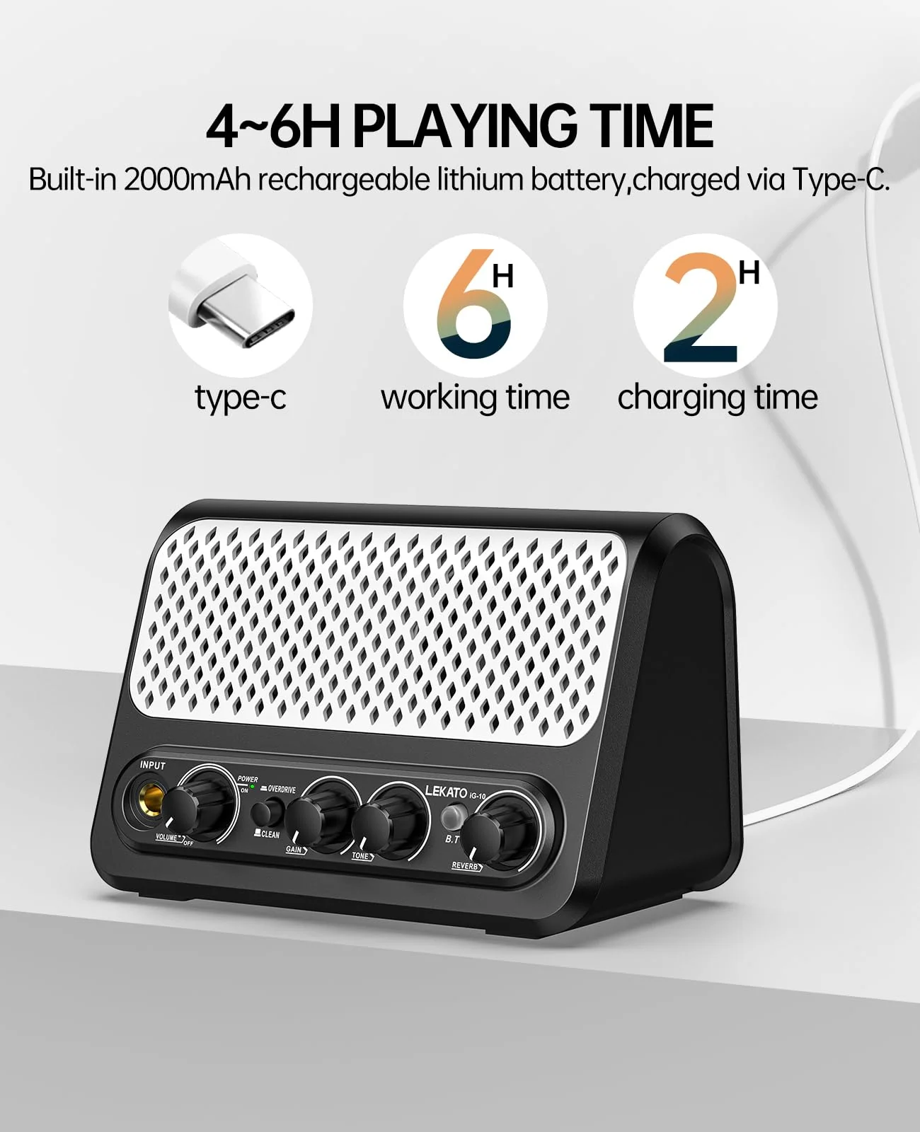Mini Guitar Amp,LEKATO 10W Portable Electric Guitar Amplifier with Clean & Overdrive Channel,Reverb,Bluetooth Small Guitar Amp for Practice (Black-White) Black-White - Image 3
