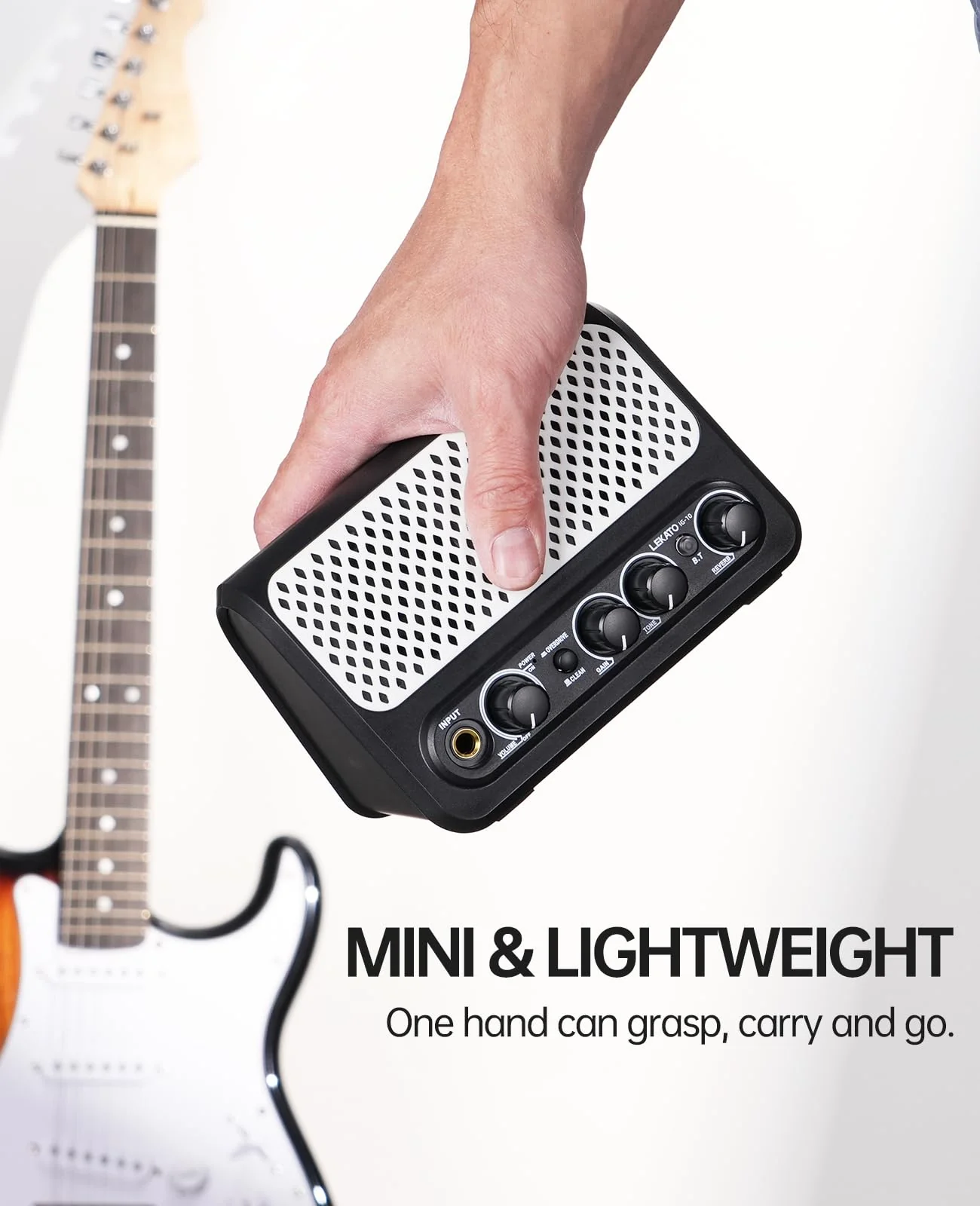 Mini Guitar Amp,LEKATO 10W Portable Electric Guitar Amplifier with Clean & Overdrive Channel,Reverb,Bluetooth Small Guitar Amp for Practice (Black-White) Black-White - Image 6