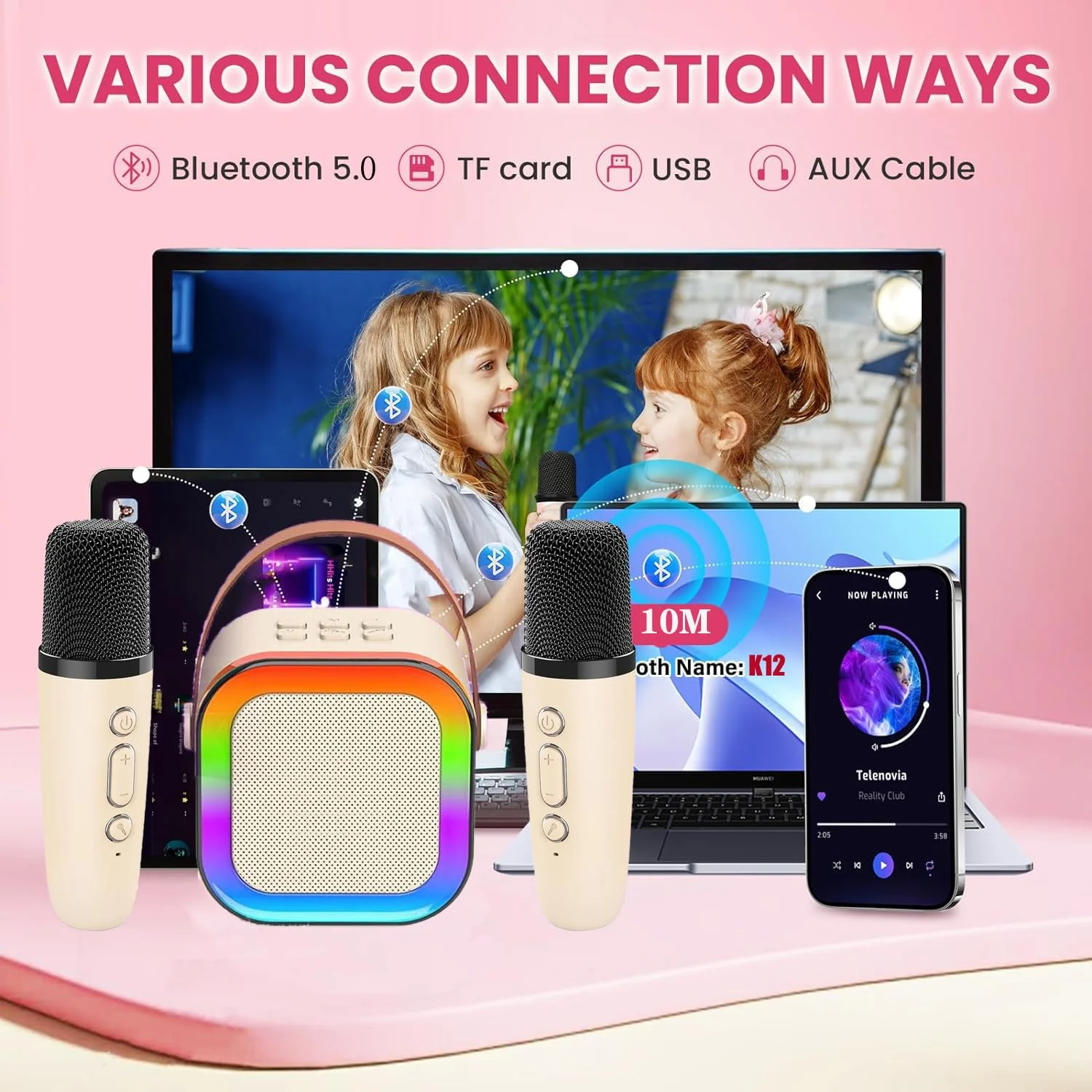 Mini Karaoke Machine for Kids Adults, Birthday Easter Gifts Toys for Girls Boys Friends Age 3-12+, Portable Bluetooth Speaker with 2 Wireless Mics and LED Light for Family Home Party(Black) Black - Image 3