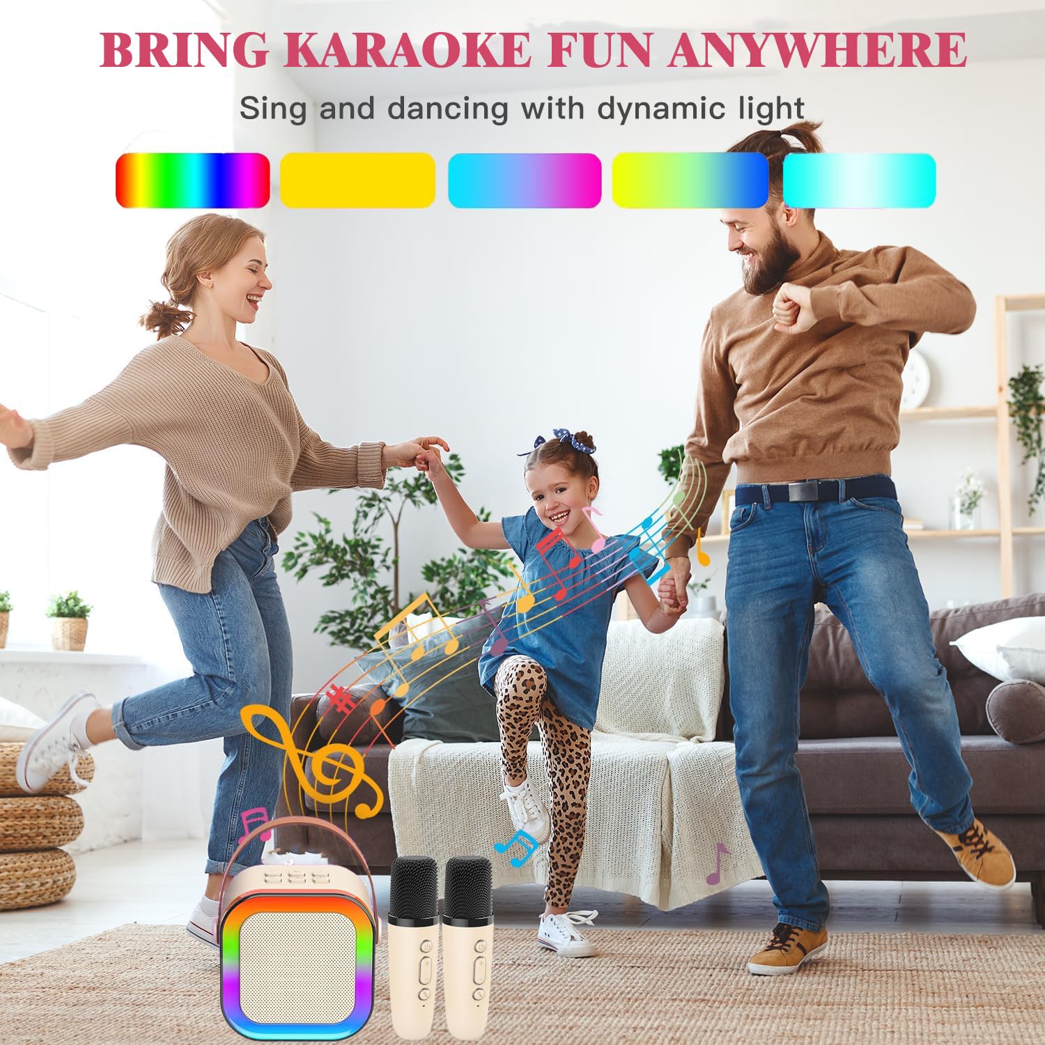 Mini Karaoke Machine for Kids Adults, Birthday Easter Gifts Toys for Girls Boys Friends Age 3-12+, Portable Bluetooth Speaker with 2 Wireless Mics and LED Light for Family Home Party(Black) Black - Image 6