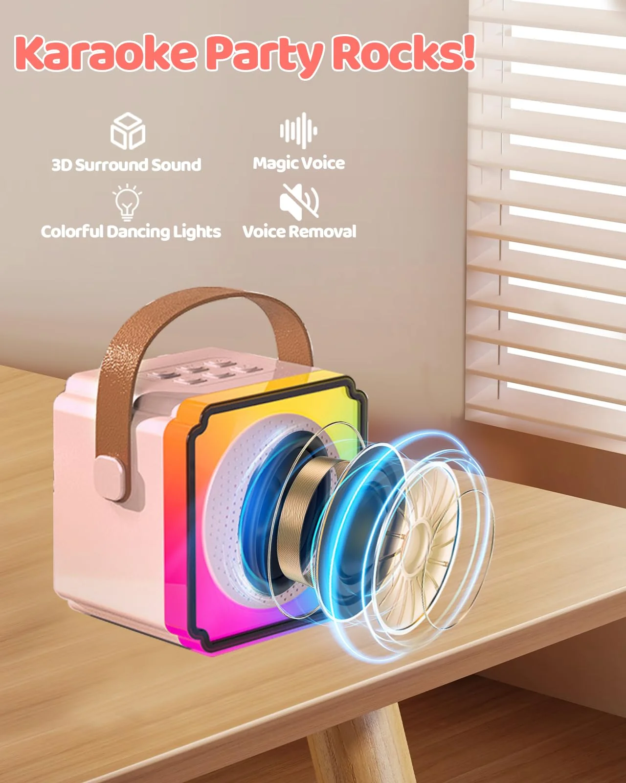 Mini Karaoke Machine for Kids Adults, LumoShine Portable Bluetooth Speaker with 2 Wireless Microphone and Lights, Gifts for Boys Girls Pink - Image 2