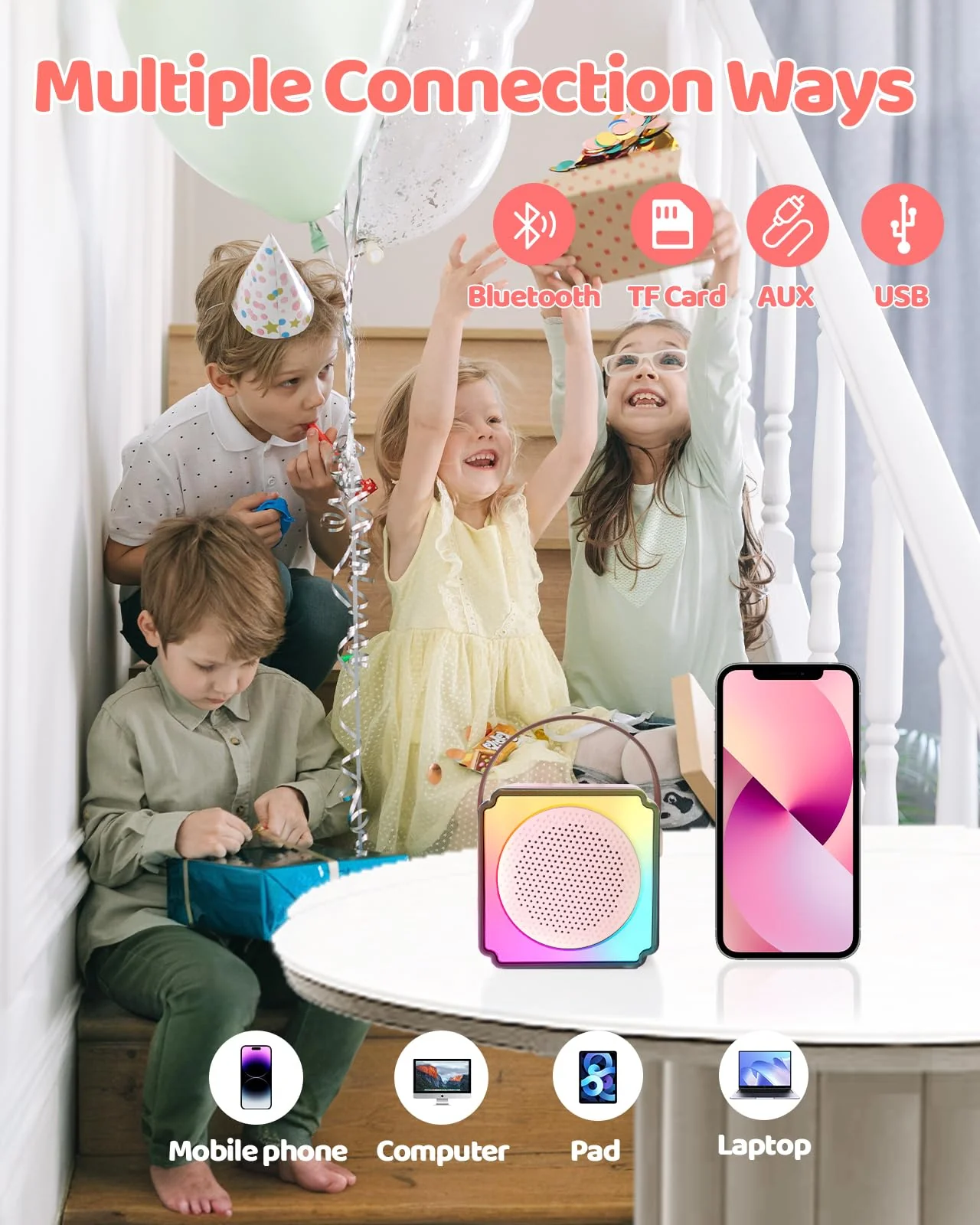 Mini Karaoke Machine for Kids Adults, LumoShine Portable Bluetooth Speaker with 2 Wireless Microphone and Lights, Gifts for Boys Girls Pink - Image 3