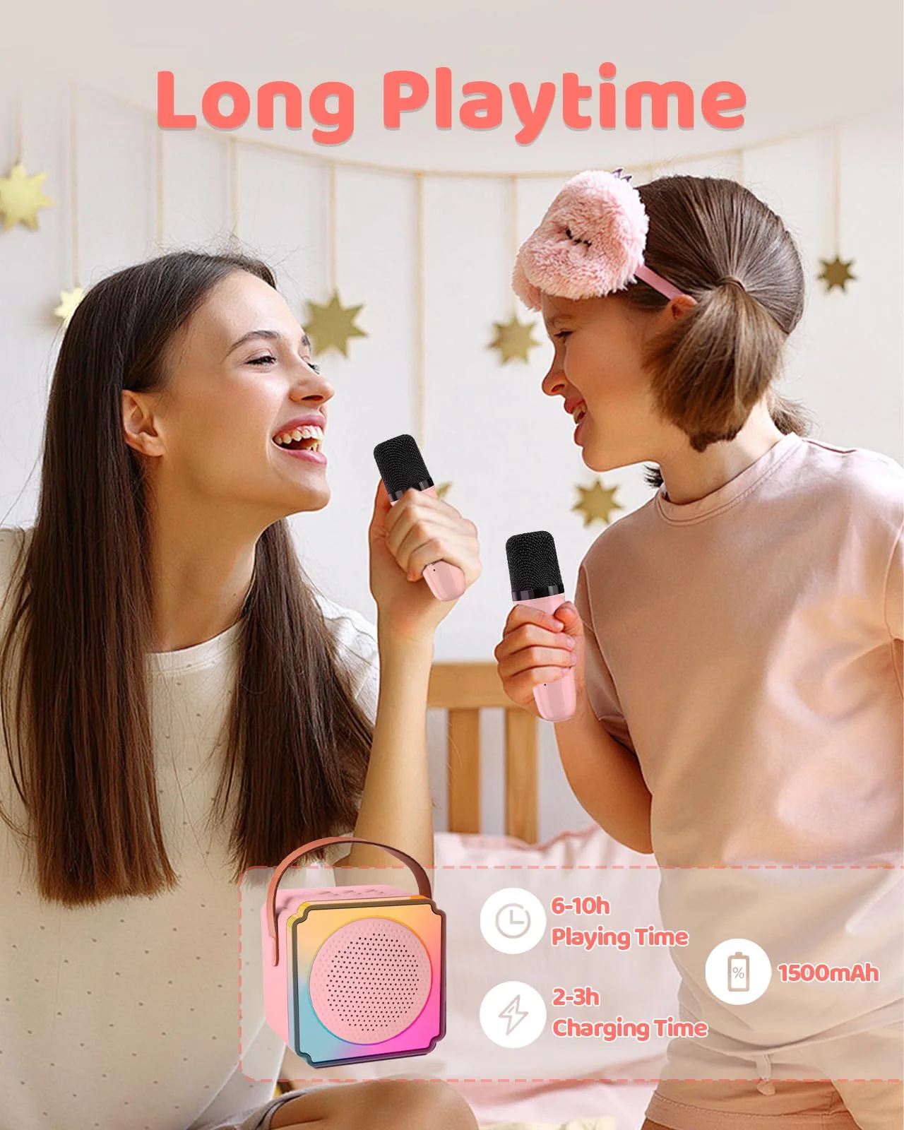 Mini Karaoke Machine for Kids Adults, LumoShine Portable Bluetooth Speaker with 2 Wireless Microphone and Lights, Gifts for Boys Girls Pink - Image 4