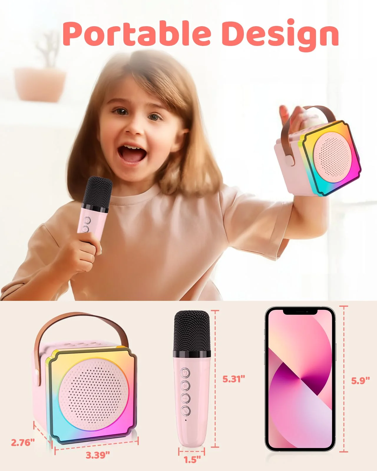 Mini Karaoke Machine for Kids Adults, LumoShine Portable Bluetooth Speaker with 2 Wireless Microphone and Lights, Gifts for Boys Girls Pink - Image 8