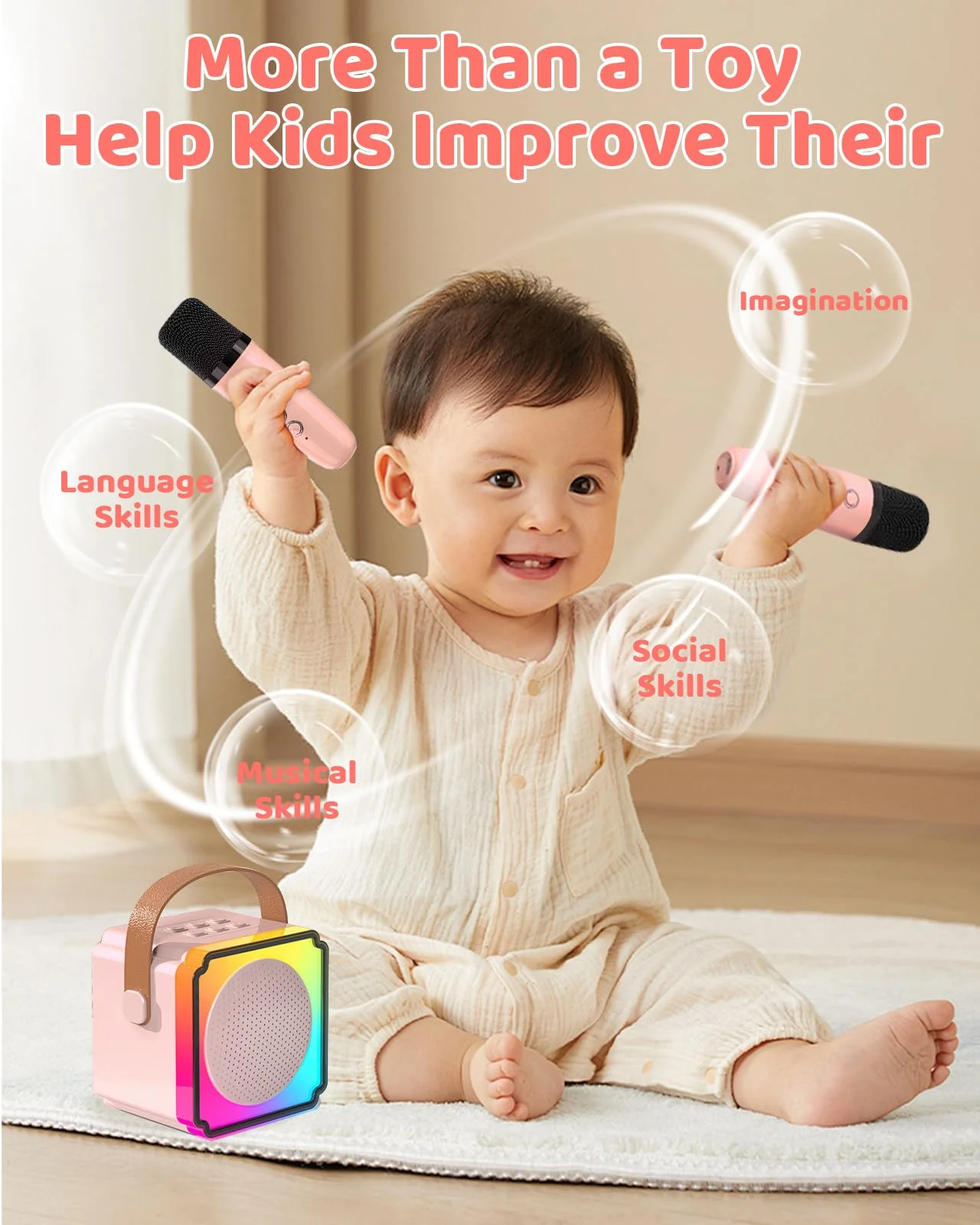 Mini Karaoke Machine for Kids Adults, LumoShine Portable Bluetooth Speaker with 2 Wireless Microphone and Lights, Gifts for Boys Girls Pink - Image 9