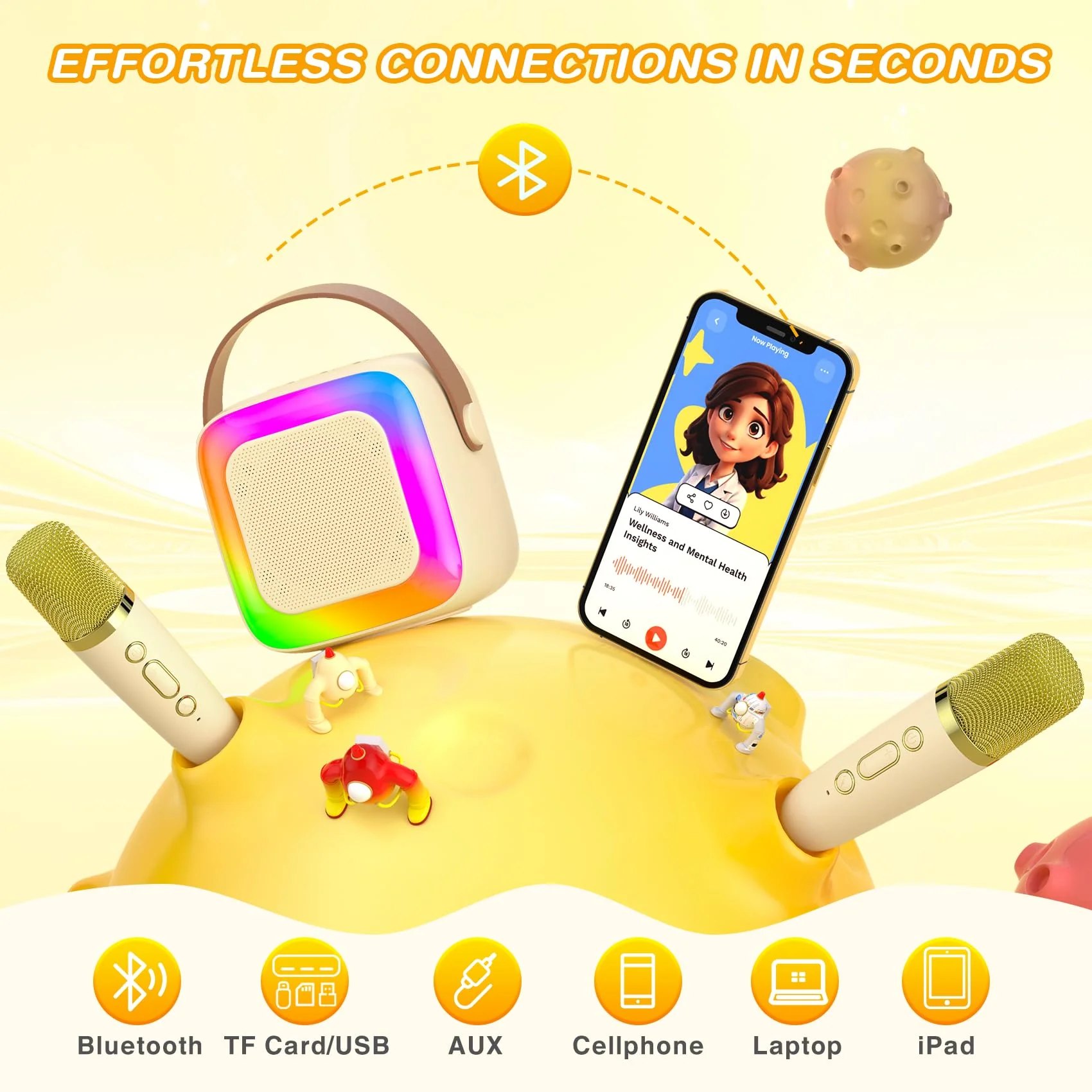 Mini Karaoke Machine for Kids Adults,Portable Bluetooth Karaoke Speaker with 2 Wireless Microphone and LED Lights,Toys for Party,Home KTV,Birthday for Girls 4, 5, 6, 7, 8,12+ Toddler Teens(Beige) Beige - Image 3
