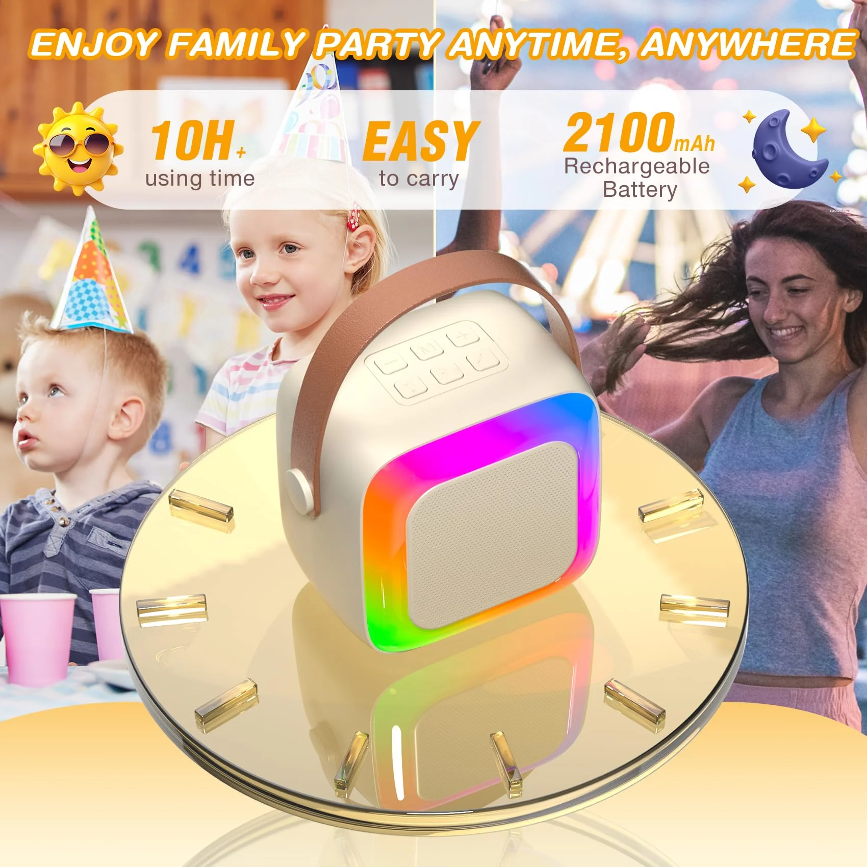 Mini Karaoke Machine for Kids Adults,Portable Bluetooth Karaoke Speaker with 2 Wireless Microphone and LED Lights,Toys for Party,Home KTV,Birthday for Girls 4, 5, 6, 7, 8,12+ Toddler Teens(Beige) Beige - Image 5