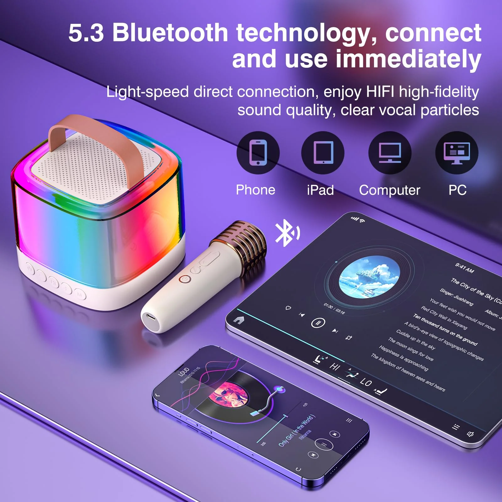 Mini Karaoke Machine for Kids Adults, Portable Bluetooth Karaoke Speaker with 2 Wireless Mics and LED Color Lights, Inside The Car, Party, Home KTV, Birthday for Girls/Boys Ages 3-12+, Beige - Image 3