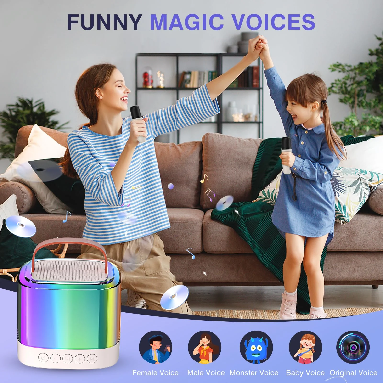 Mini Karaoke Machine for Kids Adults, Portable Bluetooth Karaoke Speaker with 2 Wireless Mics and LED Color Lights, Inside The Car, Party, Home KTV, Birthday for Girls/Boys Ages 3-12+, Beige - Image 4