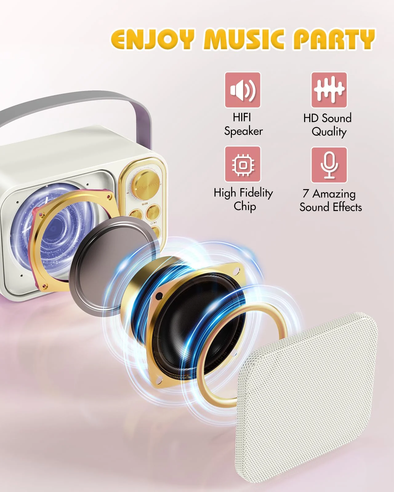 Mini Karaoke Machine for Kids Adults, Portable Bluetooth Speaker with 2 Wireless Microphones, Kids Karaoke Machine for Girls Boys, Toys Birthday Gifts for 3-12+ Years Old Toddler (White) - Image 3