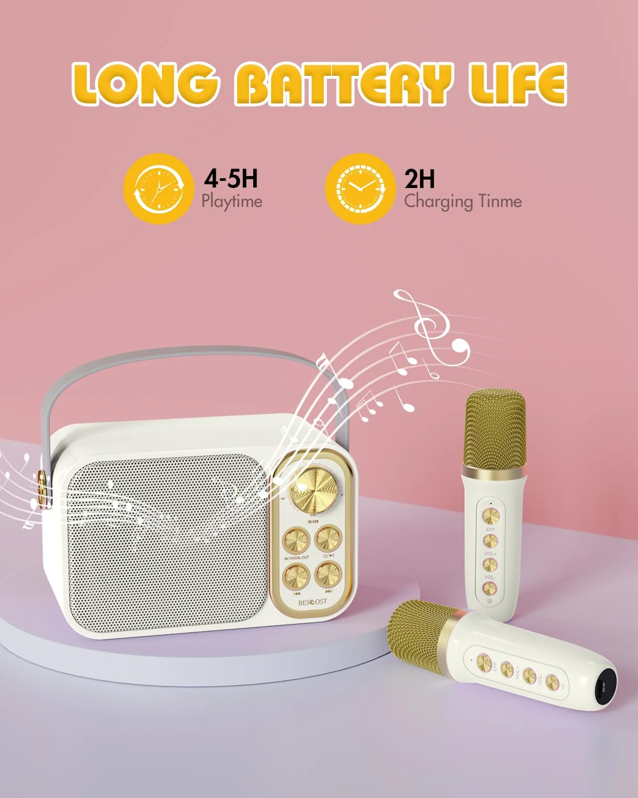 Mini Karaoke Machine for Kids Adults, Portable Bluetooth Speaker with 2 Wireless Microphones, Kids Karaoke Machine for Girls Boys, Toys Birthday Gifts for 3-12+ Years Old Toddler (White) - Image 4