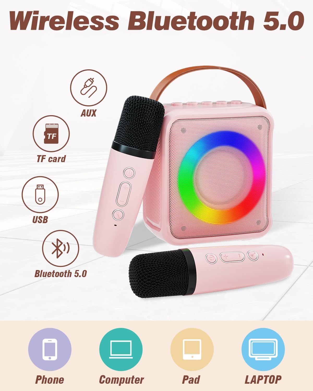 Mini Karaoke Machine for Kids Adults, Portable Bluetooth Speaker with 2 Wireless Microphones, Microphone Speaker Set with LED Disco Lights for Home Party, Birthday Gifts for Girls Boys Kid(Pink) 2 Mic pink - Image 3