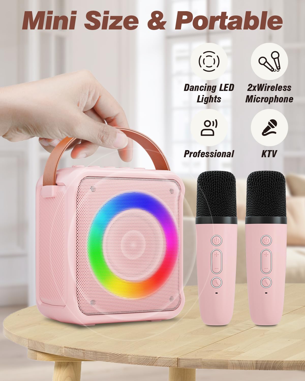 Mini Karaoke Machine for Kids Adults, Portable Bluetooth Speaker with 2 Wireless Microphones, Microphone Speaker Set with LED Disco Lights for Home Party, Birthday Gifts for Girls Boys Kid(Pink) 2 Mic pink - Image 4