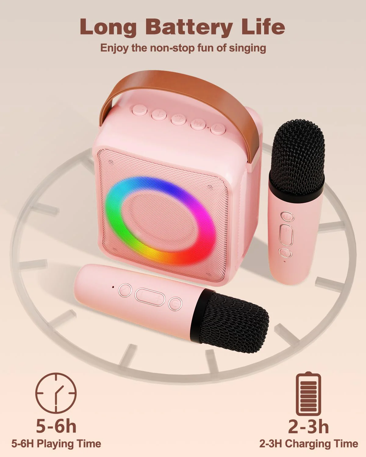 Mini Karaoke Machine for Kids Adults, Portable Bluetooth Speaker with 2 Wireless Microphones, Microphone Speaker Set with LED Disco Lights for Home Party, Birthday Gifts for Girls Boys Kid(Pink) 2 Mic pink - Image 5