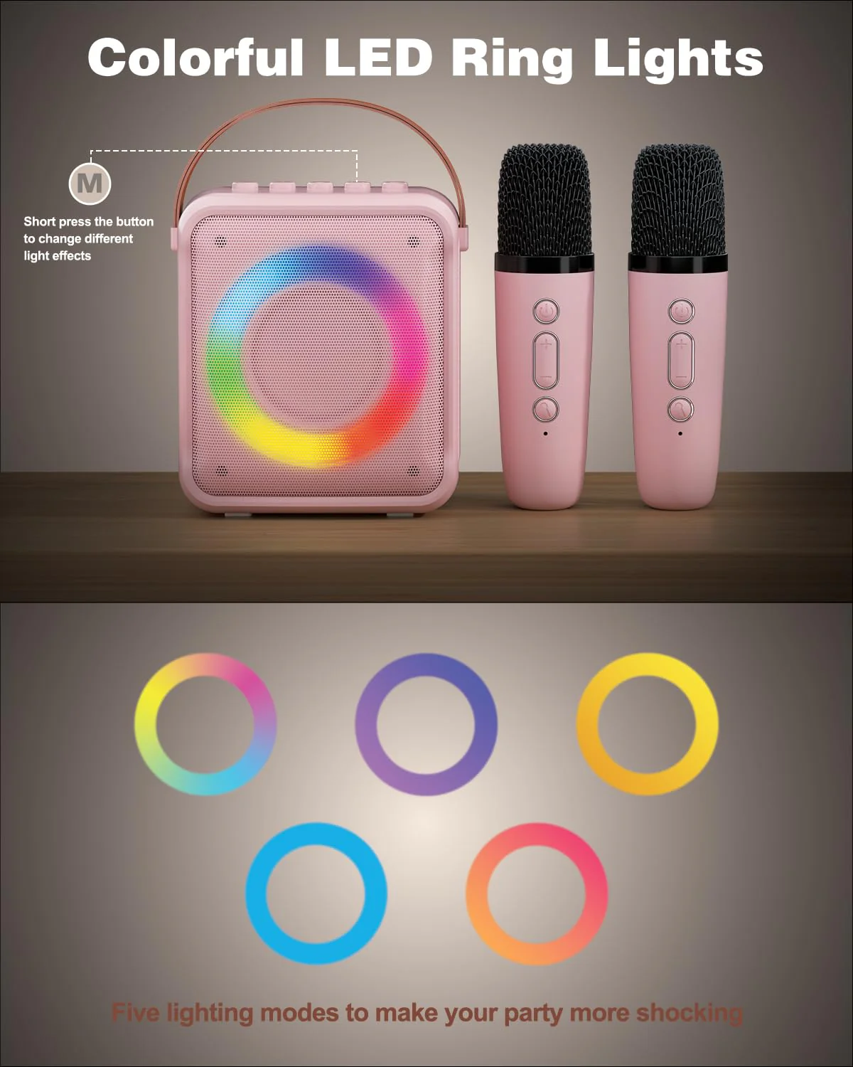 Mini Karaoke Machine for Kids Adults, Portable Bluetooth Speaker with 2 Wireless Microphones, Microphone Speaker Set with LED Disco Lights for Home Party, Birthday Gifts for Girls Boys Kid(Pink) 2 Mic pink - Image 8