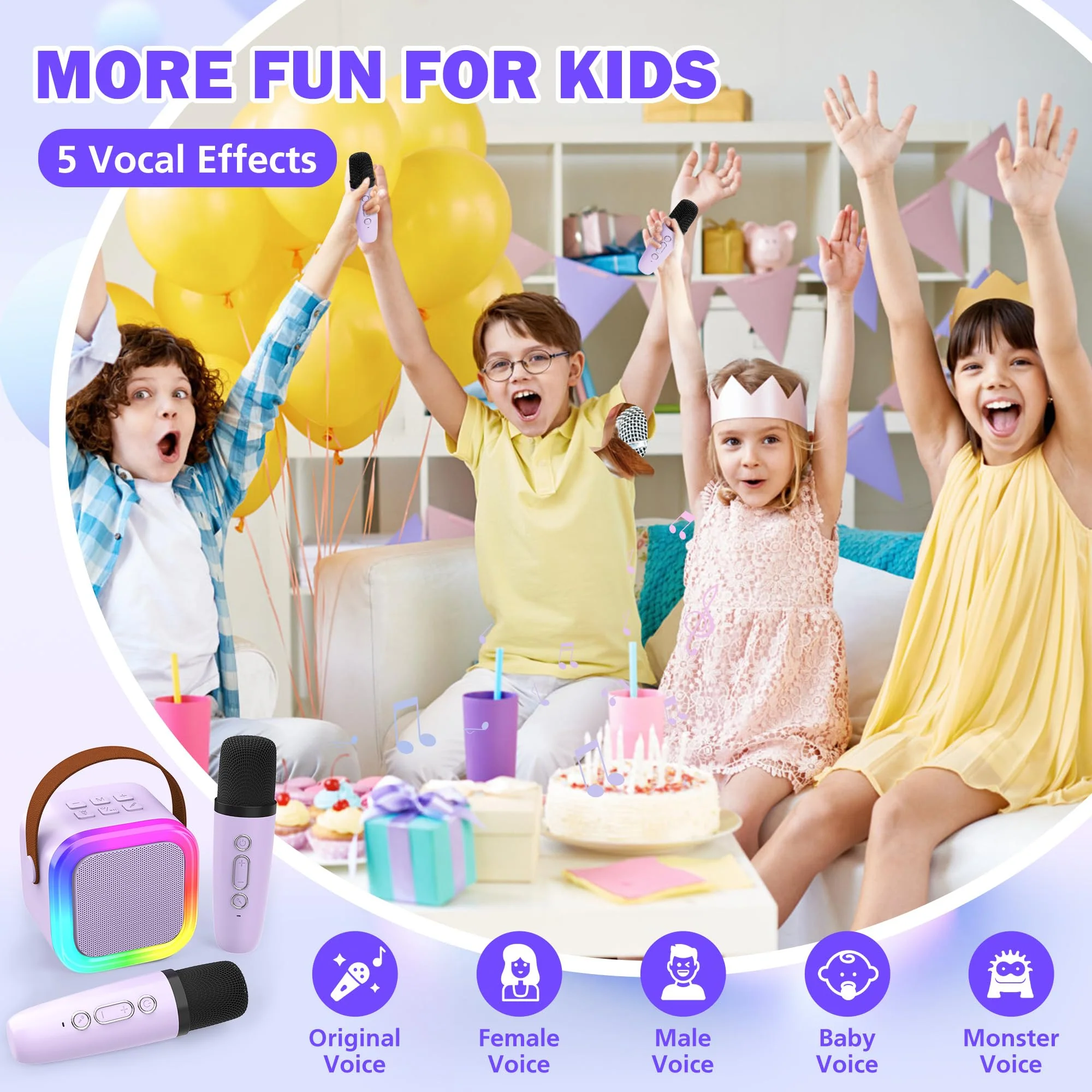 Mini Karaoke Machine for Kids Adults, Portable Bluetooth Speaker with 2 Wireless Microphones,Toys Birthday Gifts for Girls Ages 4, 5, 6, 7, 8,9,10,11,12+ Family Home Party (Purple) Purple 2 Mics - Image 3