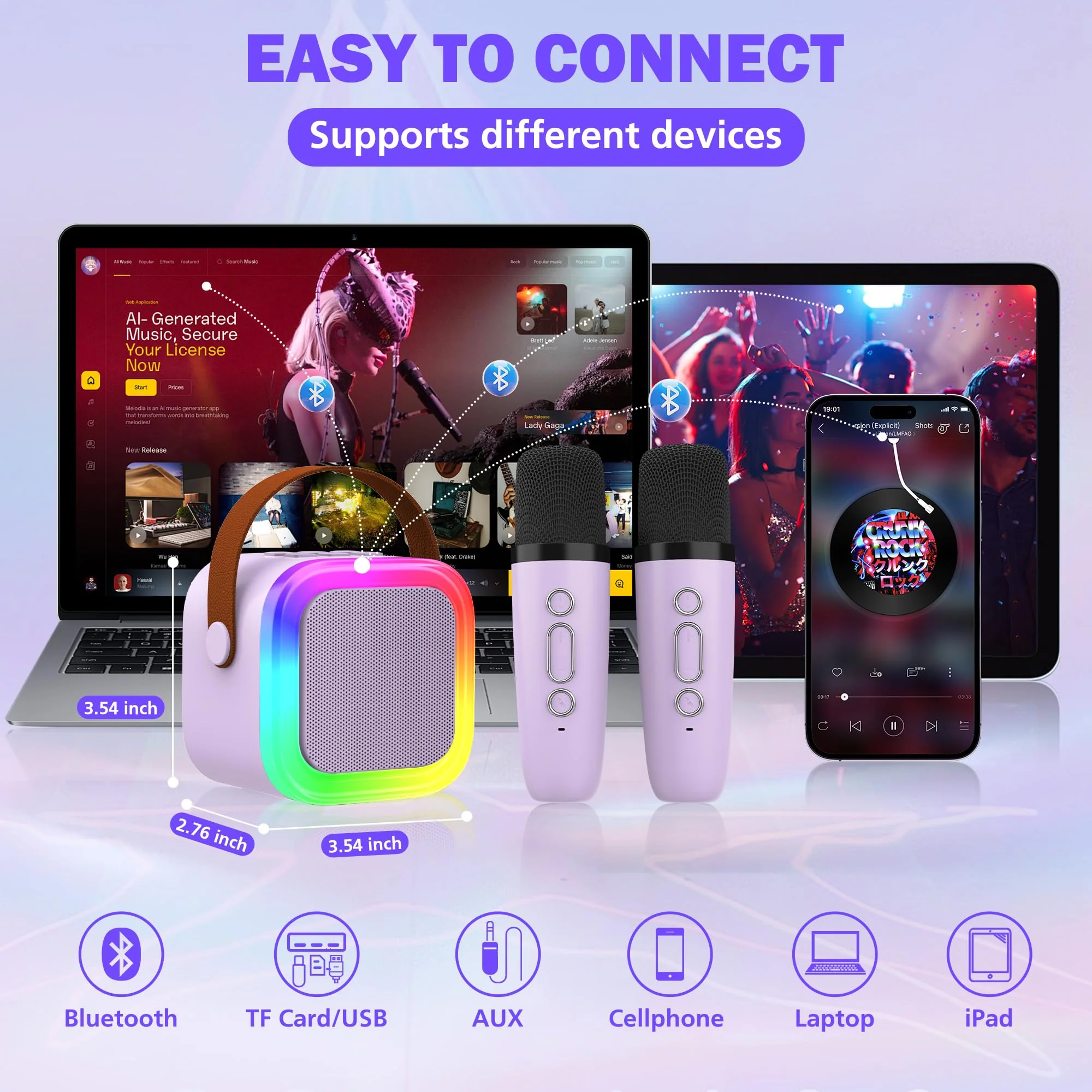 Mini Karaoke Machine for Kids Adults, Portable Bluetooth Speaker with 2 Wireless Microphones,Toys Birthday Gifts for Girls Ages 4, 5, 6, 7, 8,9,10,11,12+ Family Home Party (Purple) Purple 2 Mics - Image 4
