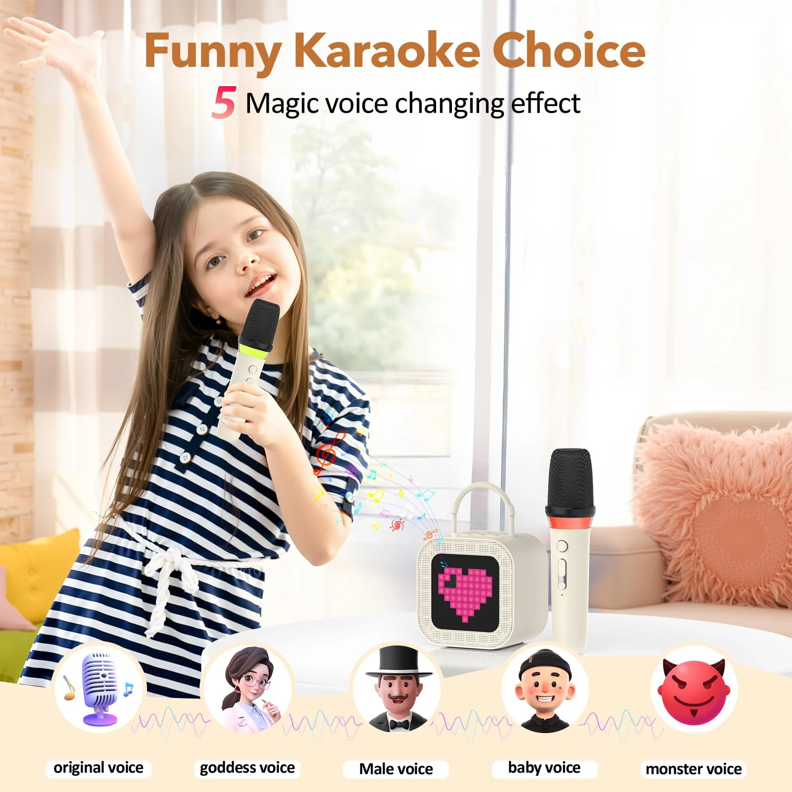 Mini Karaoke Machine for Kids Adults, with 2 Wireless Mic and Screen, Kids Gifts for Girls Ages 3,4,5,6,7,8,9,10,11,12+Year Old, Birthday Toy Gift for Girls Boys Party-Beige Beige - Image 2