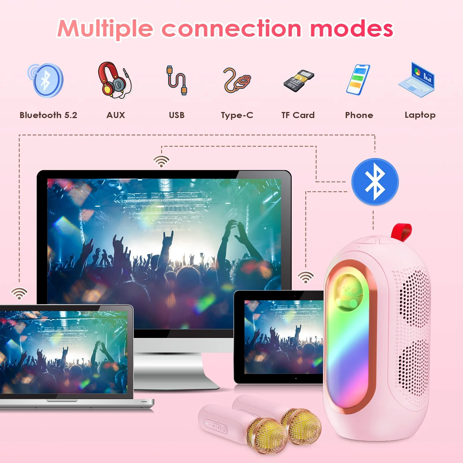 Mini Karaoke Machine for Kids & Adults with 2 Wireless Microphones Portable Karaoke Machine 2x5W Bluetooth Speaker Birthday Gift Toys Gifts for Kids Family Home Outdoor Party Pink - Image 5