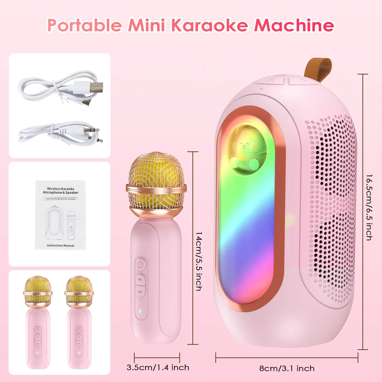 Mini Karaoke Machine for Kids & Adults with 2 Wireless Microphones Portable Karaoke Machine 2x5W Bluetooth Speaker Birthday Gift Toys Gifts for Kids Family Home Outdoor Party Pink - Image 8