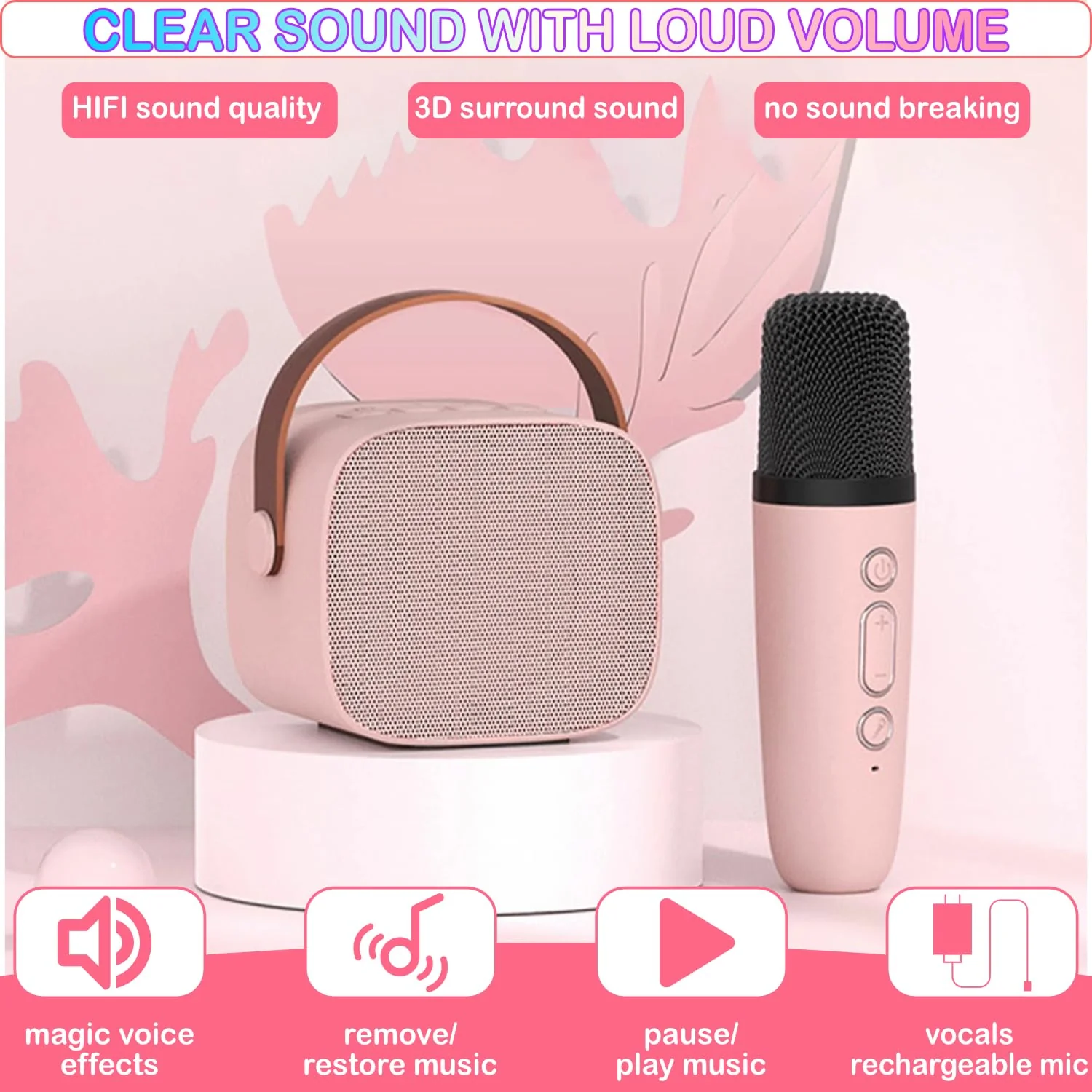 Mini Karaoke Machine for Kids Age 4-12, Bluetooth Speaker with 2 Wireless Microphone & LED Lights, Christmas Birthday Gifts for Girls Boys Kids Adults K1-2MIC-PINK - Image 5