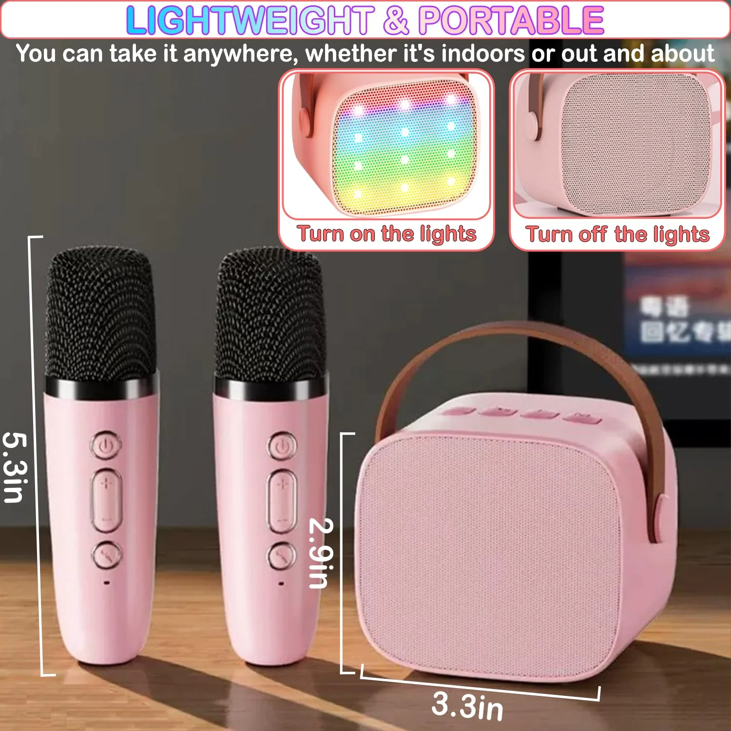 Mini Karaoke Machine for Kids Age 4-12, Bluetooth Speaker with 2 Wireless Microphone & LED Lights, Christmas Birthday Gifts for Girls Boys Kids Adults K1-2MIC-PINK - Image 6